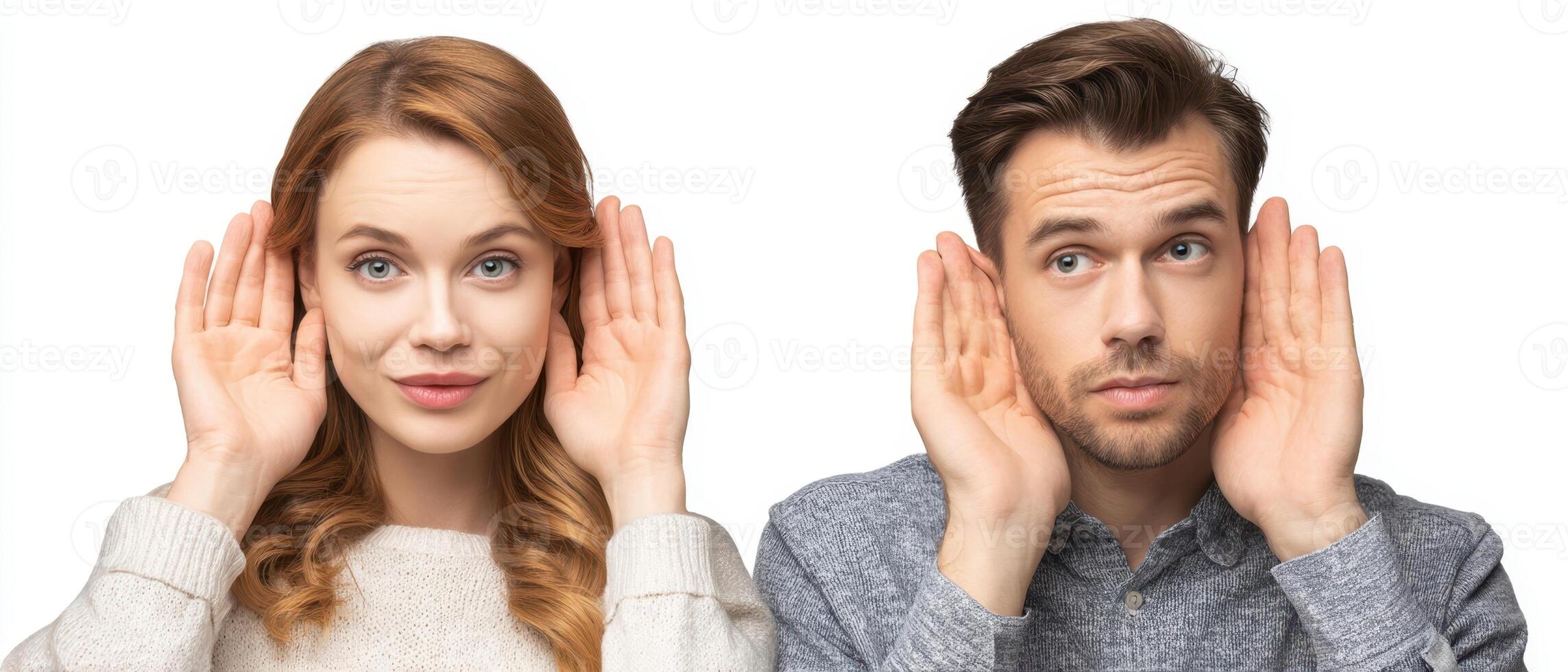 The couple communicating through playful gestures and expressions while listening attentively. photo
