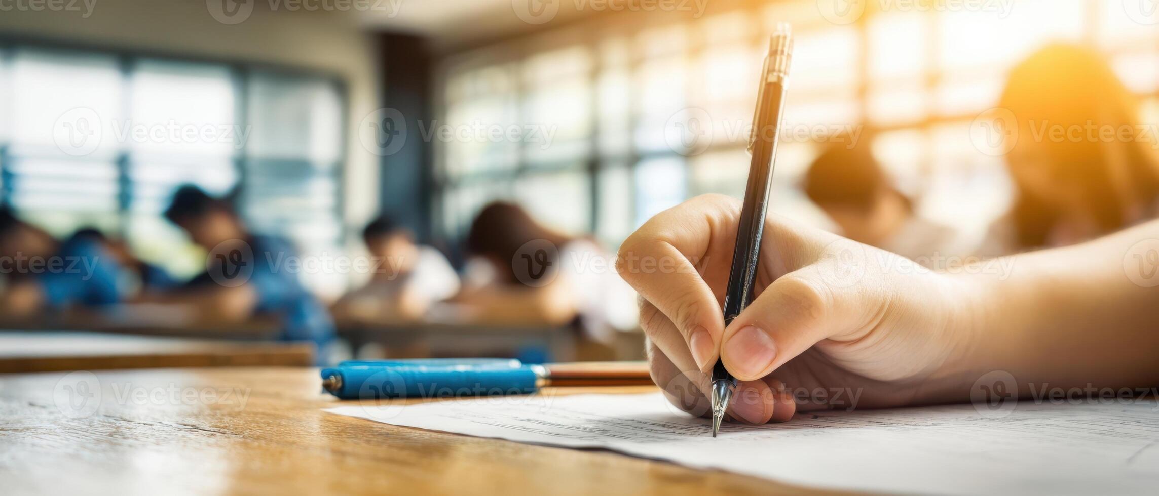The student writing in a classroom during an examination session. photo
