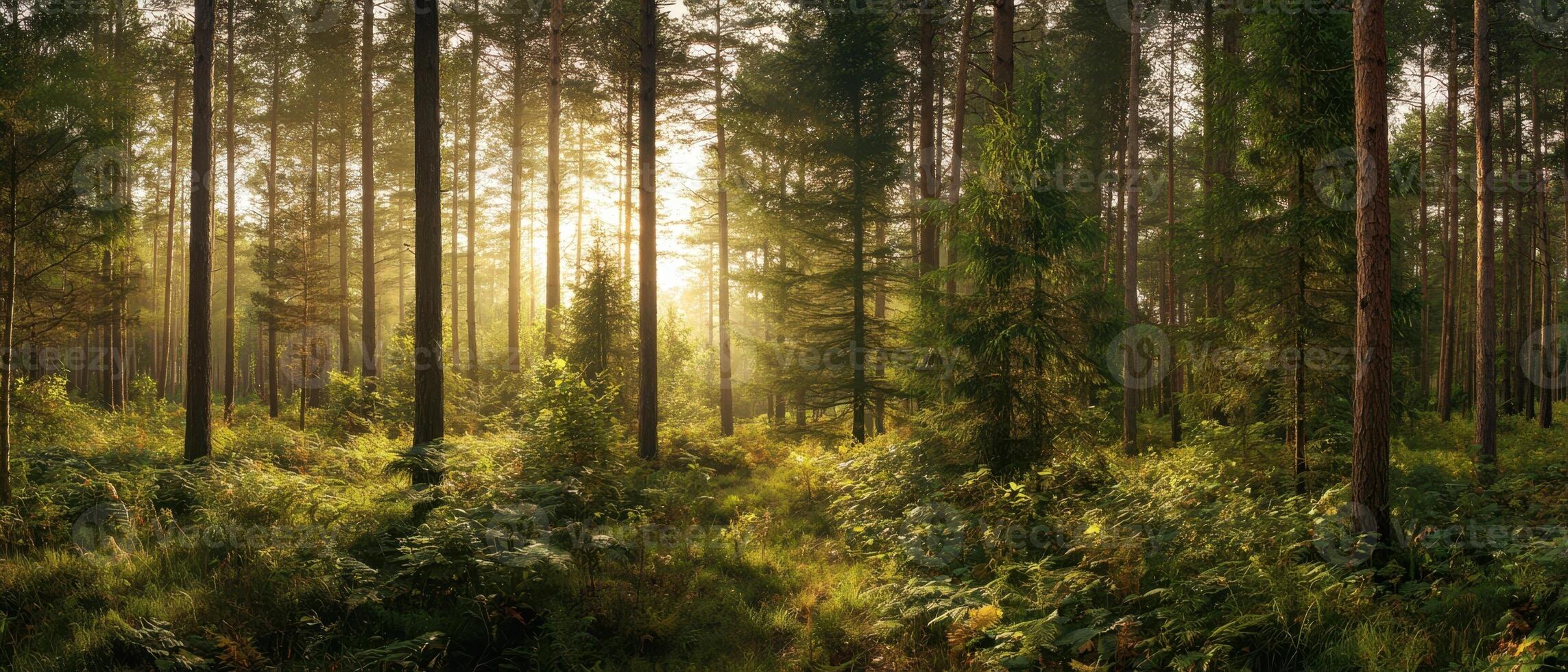 The sun rises through the trees in a serene forest landscape. photo