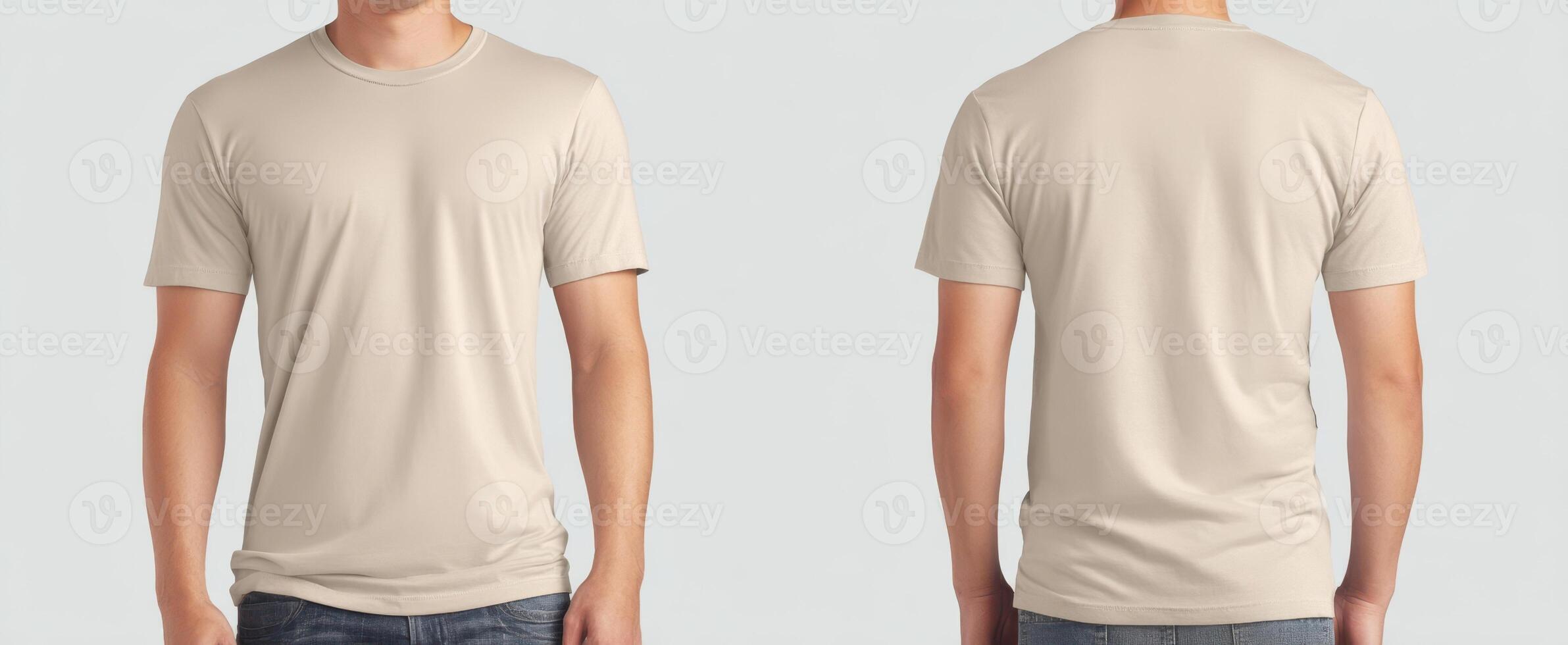 The stylish beige t-shirt displayed front and back for mockup purposes. photo