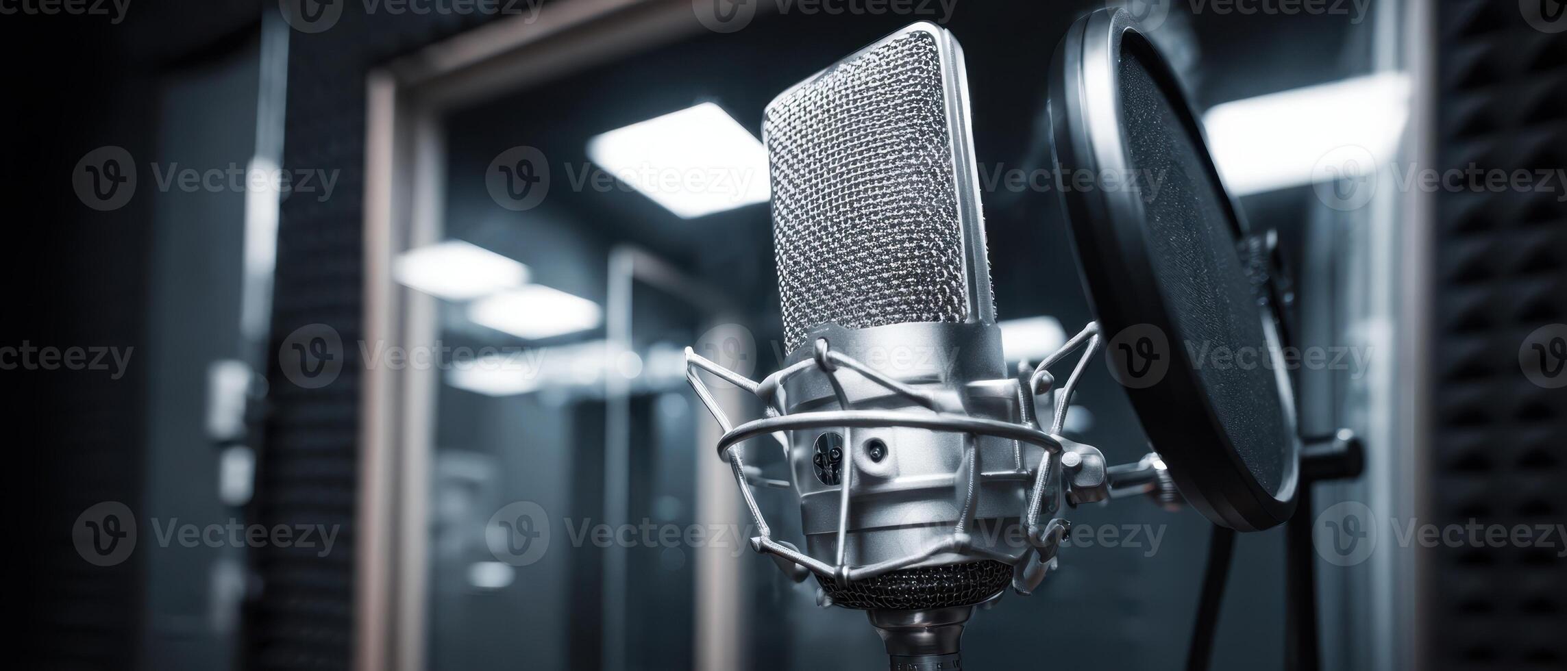 The microphone capturing sound in a professional recording studio setting photo