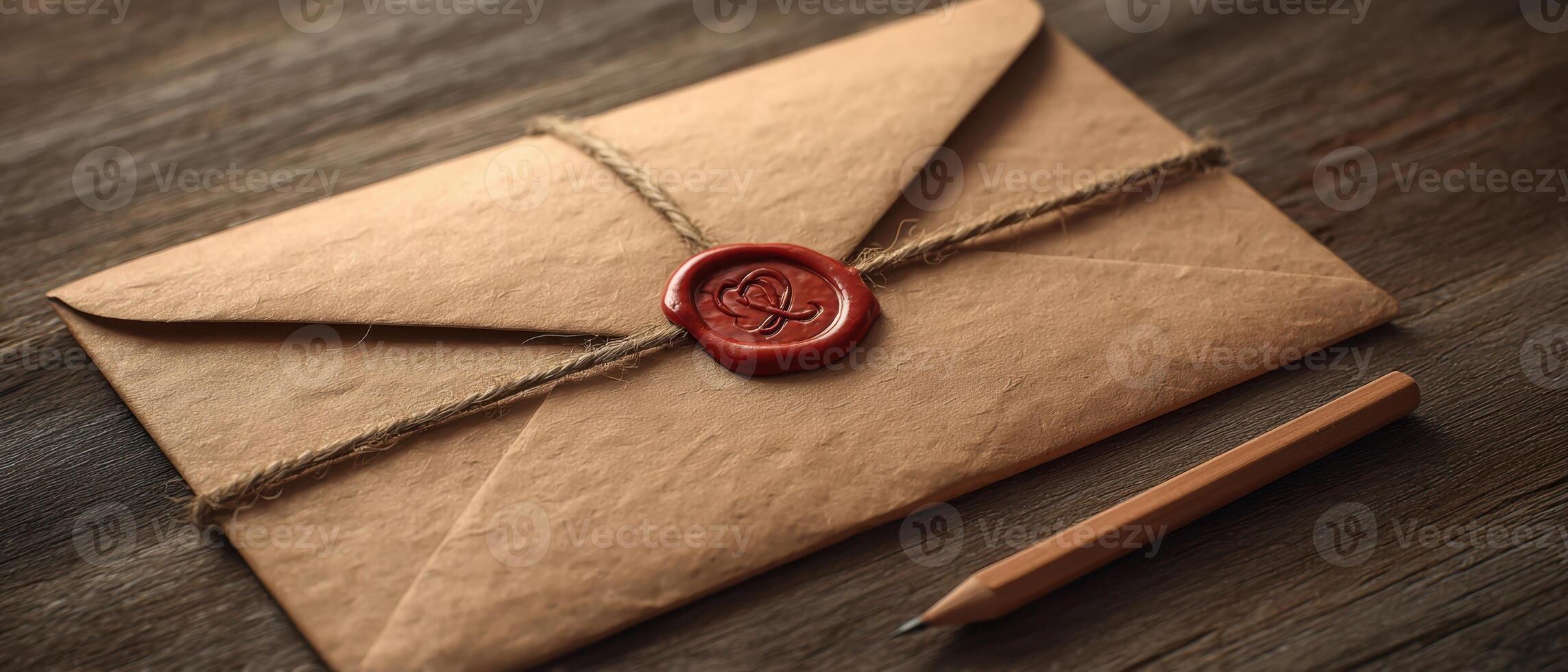 The elegant envelope sealed with wax on a rustic wooden table. photo