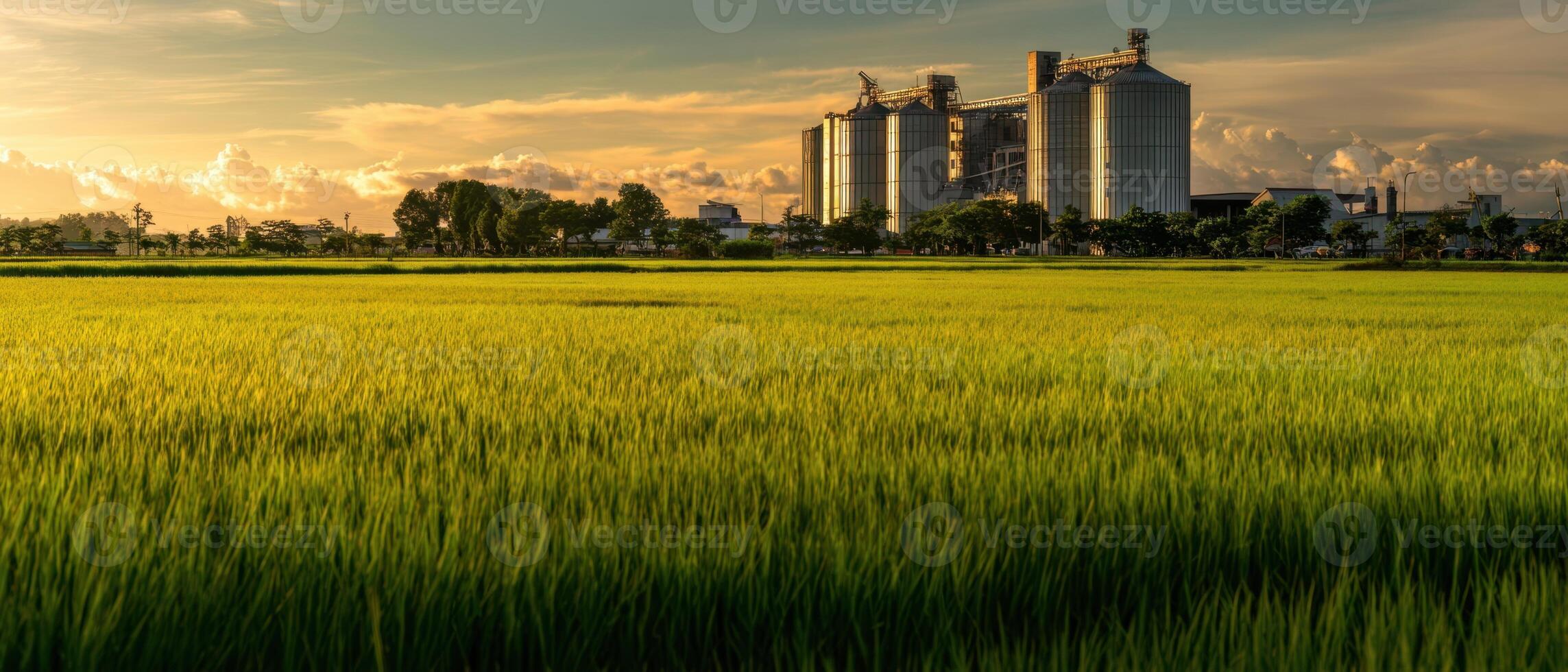 The serene rice field surrounded by modern agricultural silos at sunset. photo