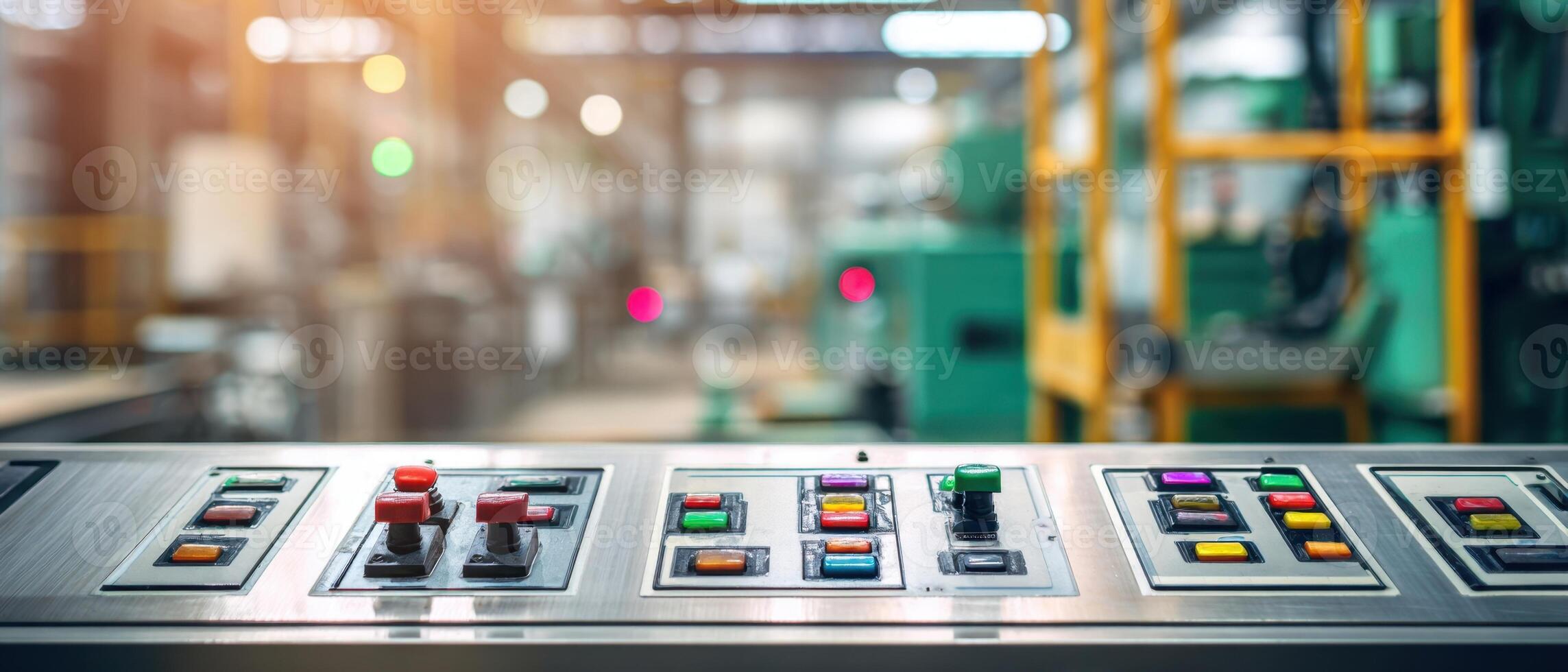 The industrial control panel displaying various operational buttons and controls. photo