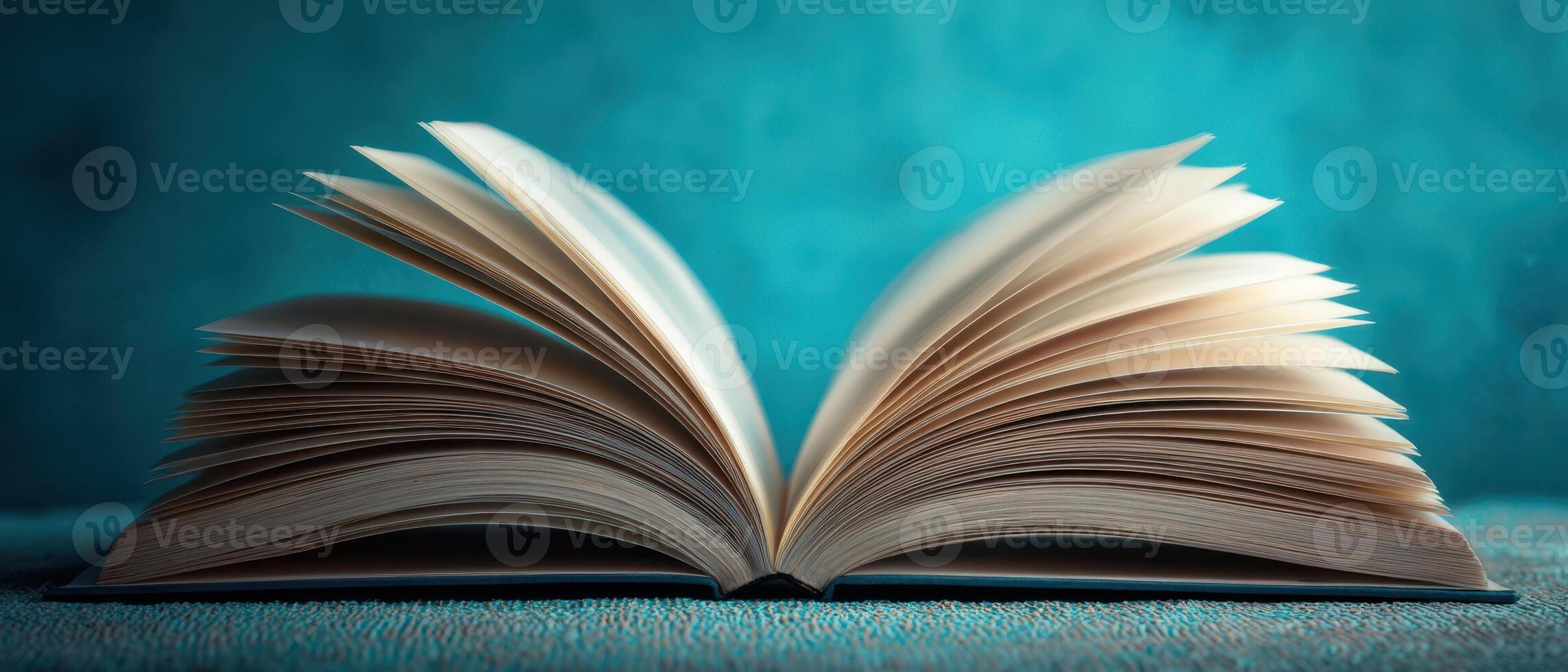 The open book with illuminated pages on a serene background photo