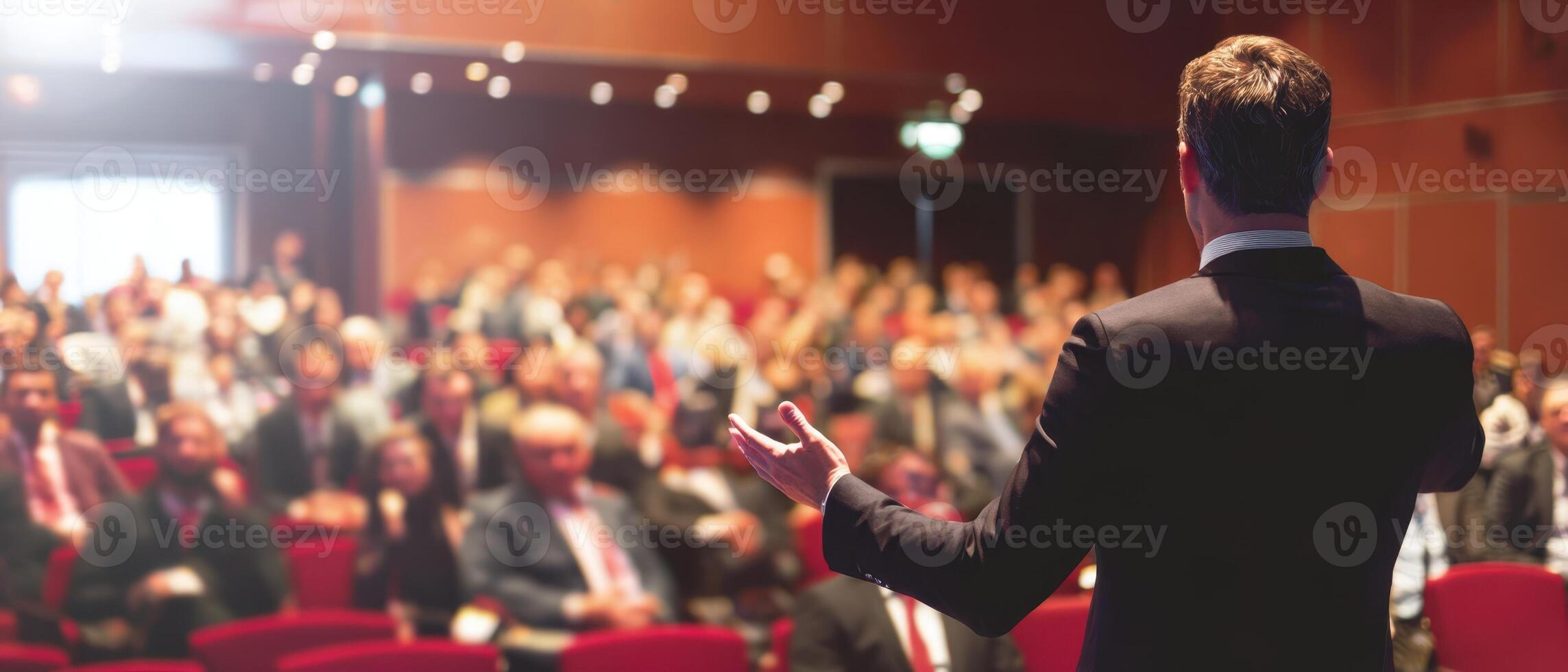 The speaker engaging a large audience during a corporate conference event. photo