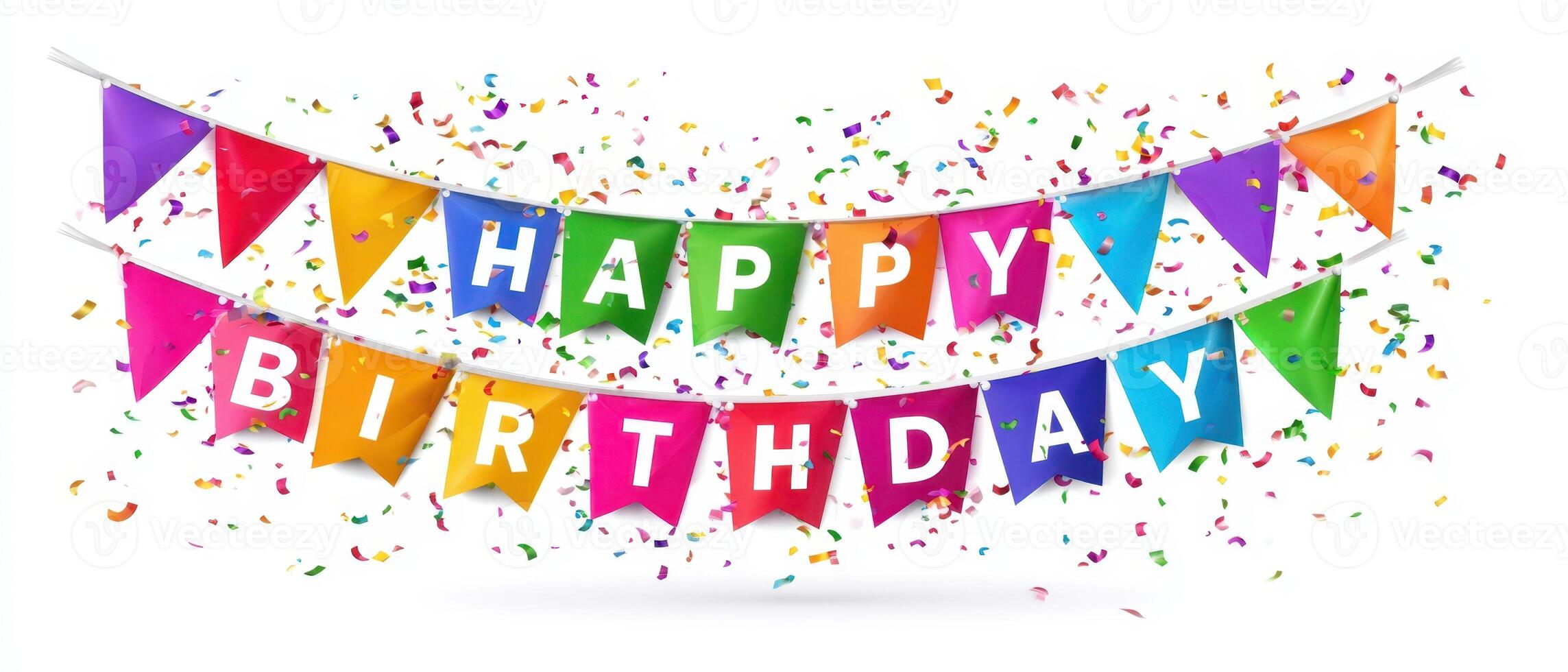 The vibrant birthday banner with colorful flags and confetti celebration. photo