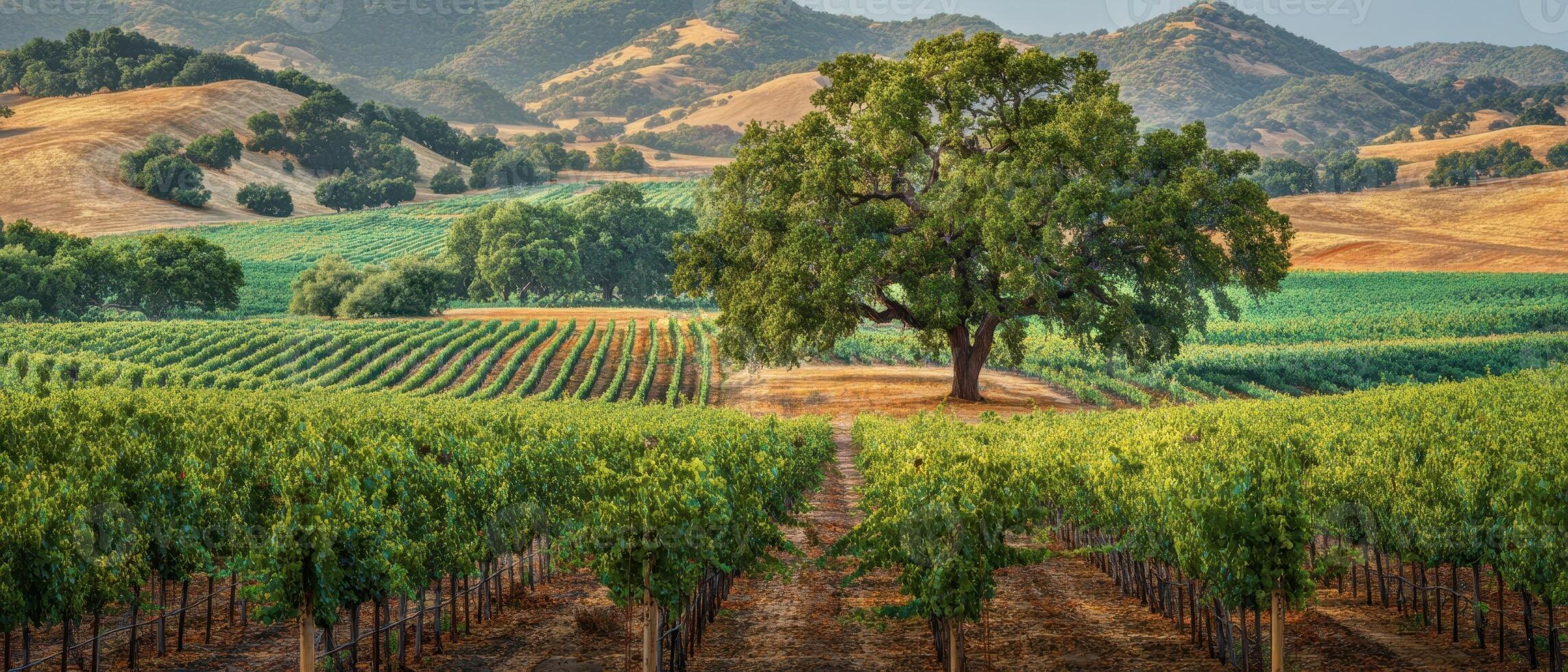 The Majestic Tree in a Serene Vineyard Landscape photo