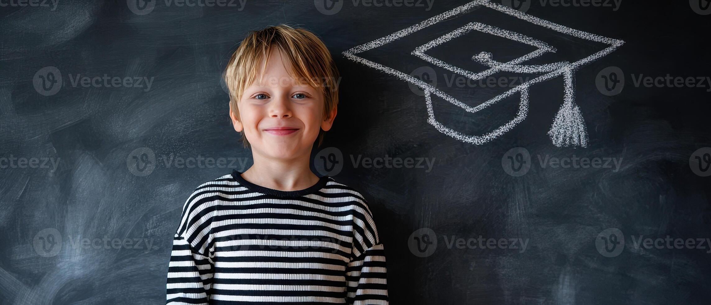 The smiling boy with a graduation cap chalk drawing behind him. photo