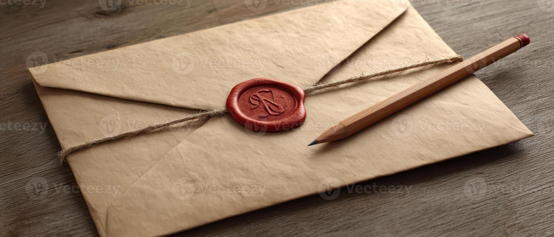 The elegant envelope with a wax seal and pencil on rustic wood background. photo