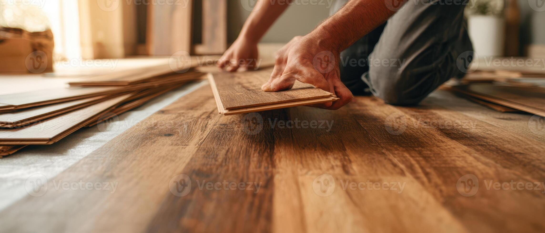 The hands of a skilled worker installing wooden flooring indoors. photo