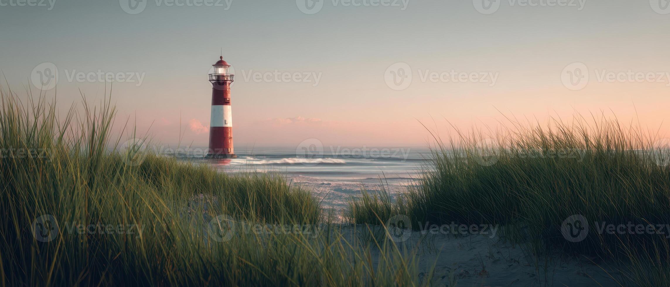 The vibrant lighthouse standing tall against the backdrop of a serene beach scene. photo