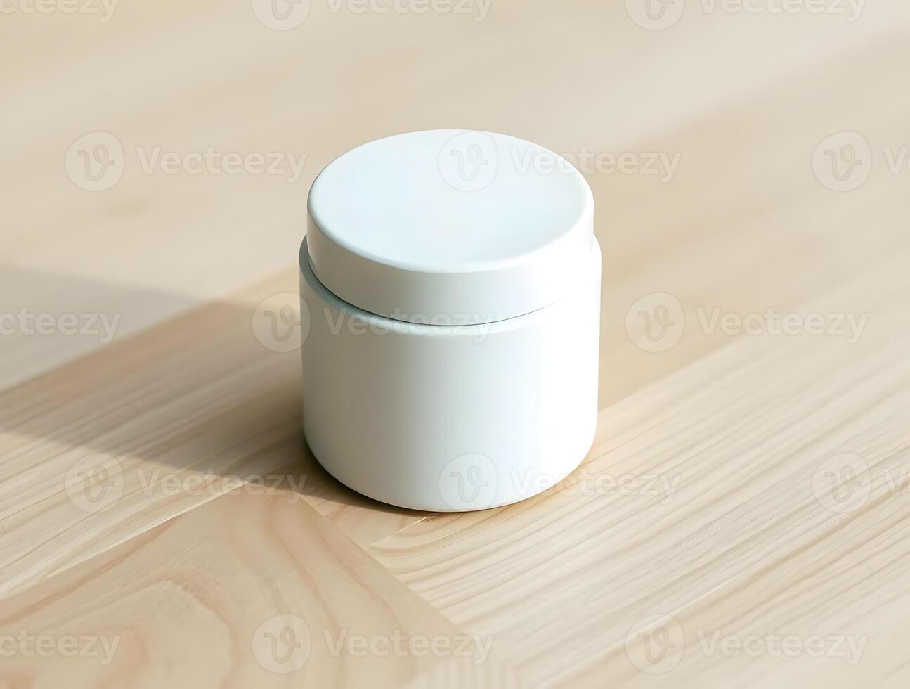 A white jar sitting on a wooden table photo
