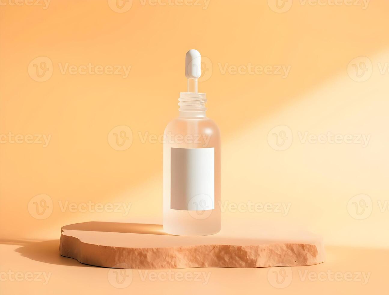A bottle of cosmetic cream on a wooden block photo