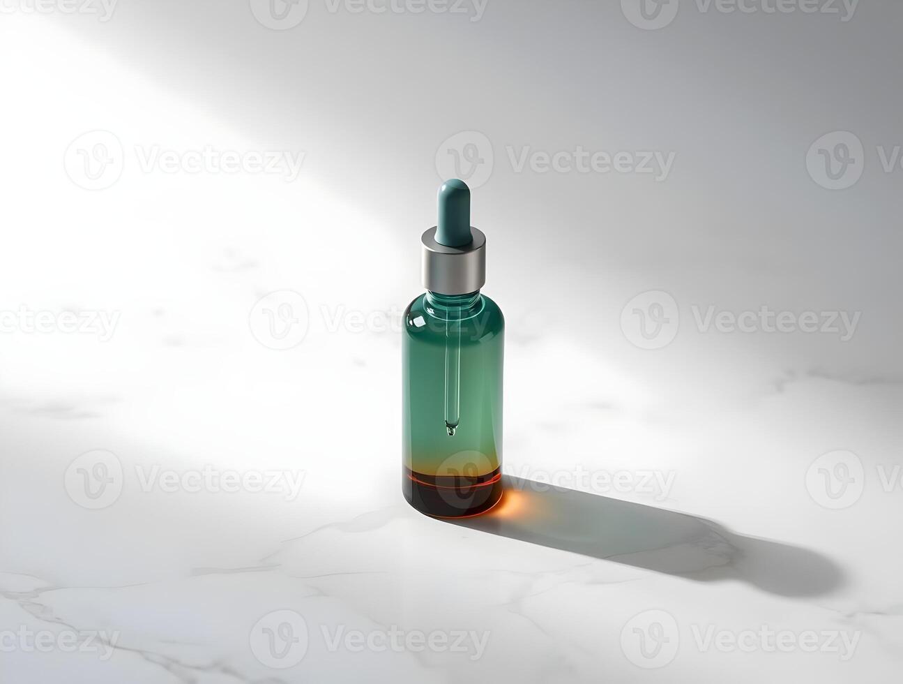 A green and brown liquid bottle sitting on a marble surface photo