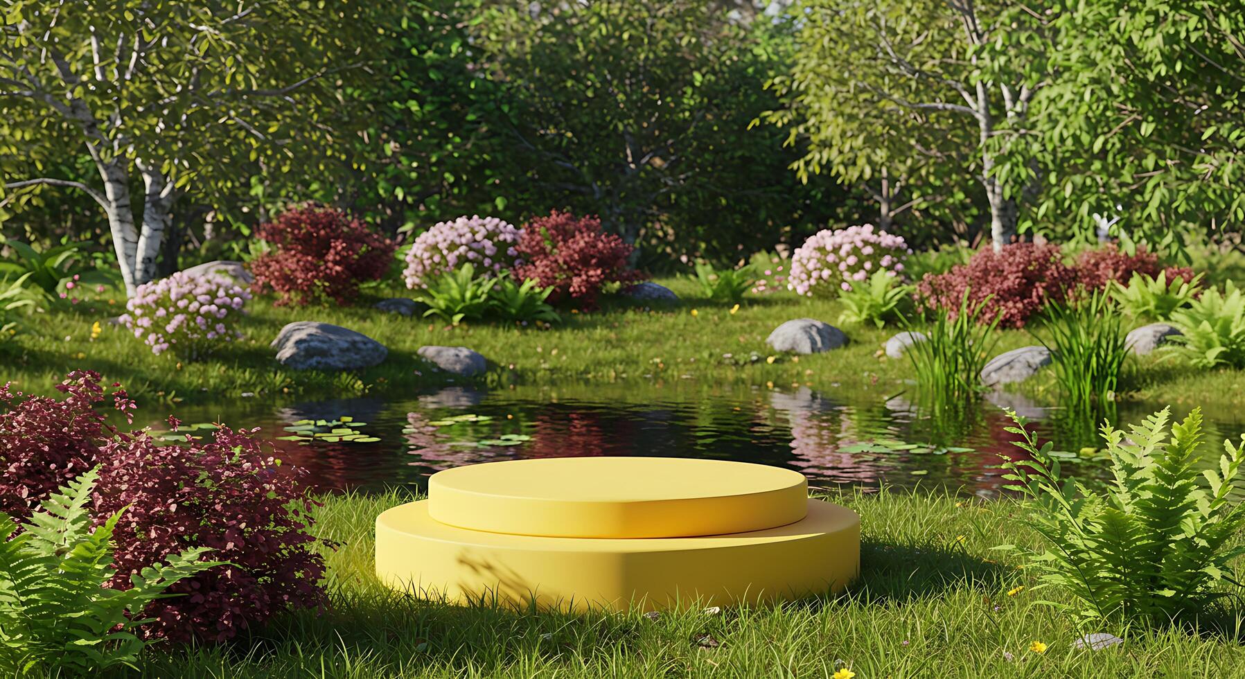 A yellow bench sitting in a grassy field next to a pond photo