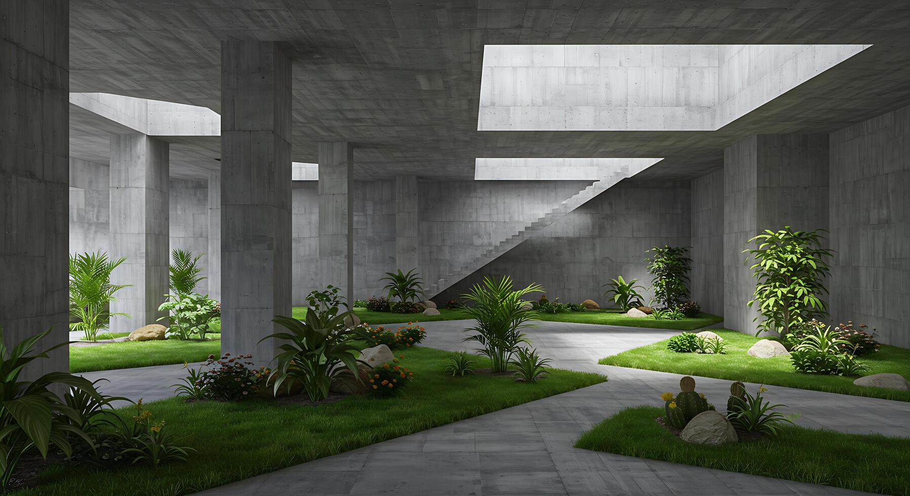 A concrete courtyard with plants and a sky light photo
