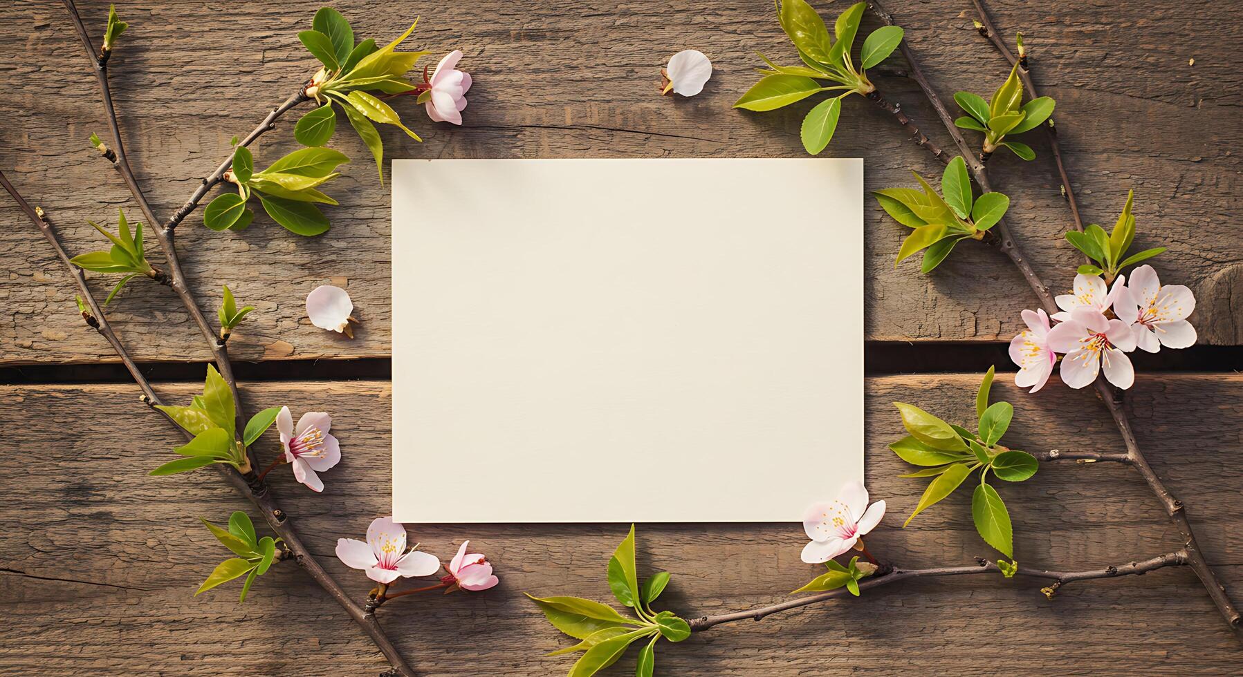 Spring background with empty paper and cherry blossom branches on wooden background photo