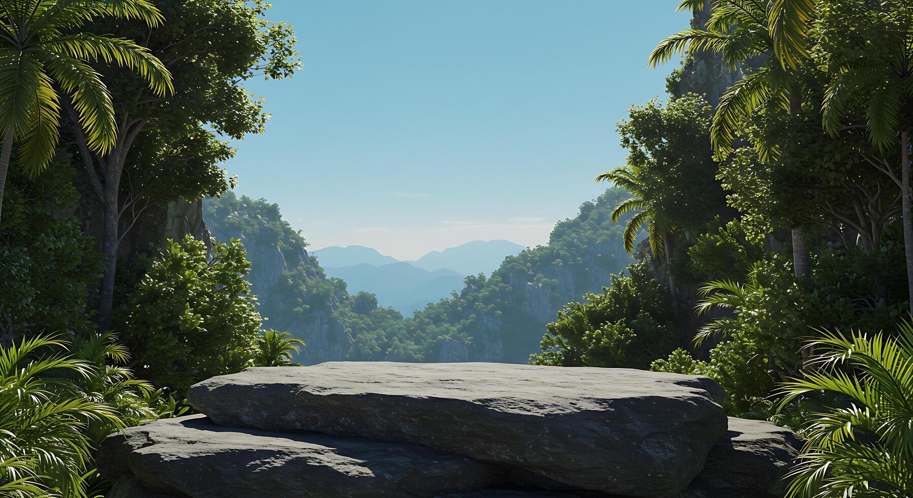 A large rock in the middle of a tropical forest photo