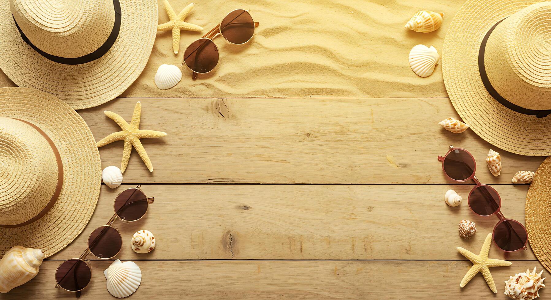 Summer vacation concept with hats, sunglasses, shells and sand photo