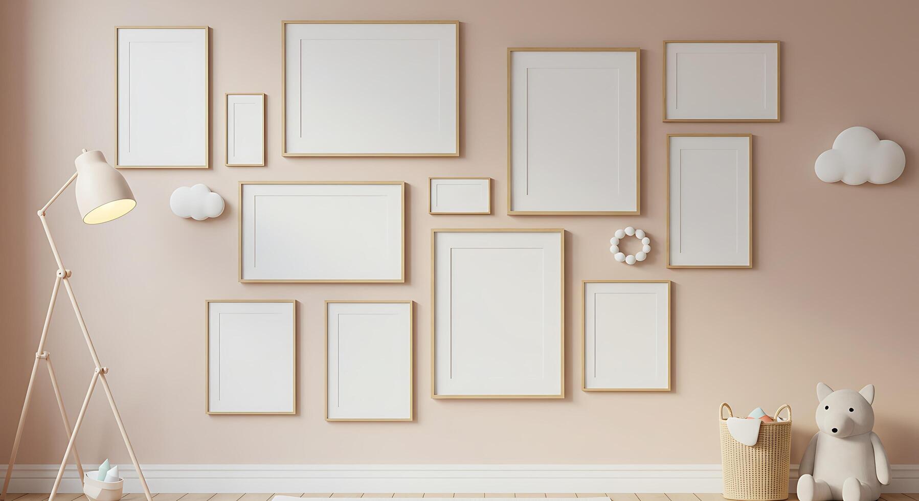 A room with a white wall, a lamp and a few frames photo
