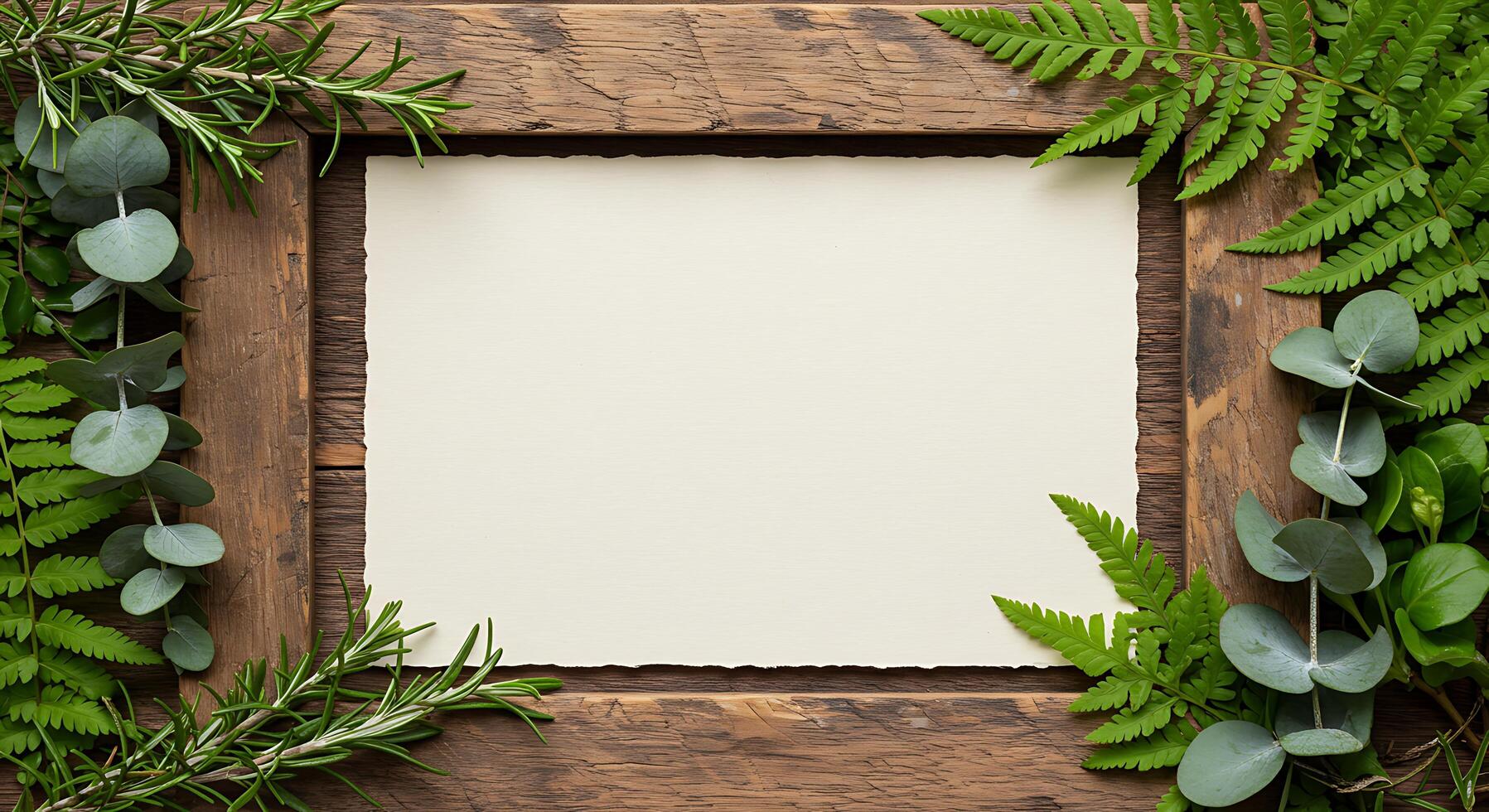 Frame with eucalyptus leaves and ferns on a wooden background photo