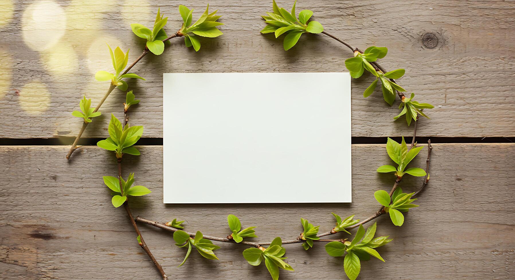 Blank paper on wooden background with green leaves photo