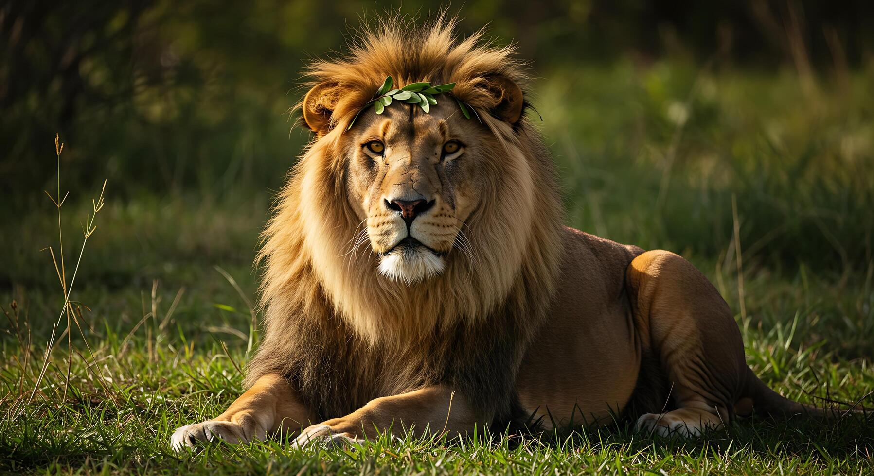 A lion with a green crown sitting in the grass photo
