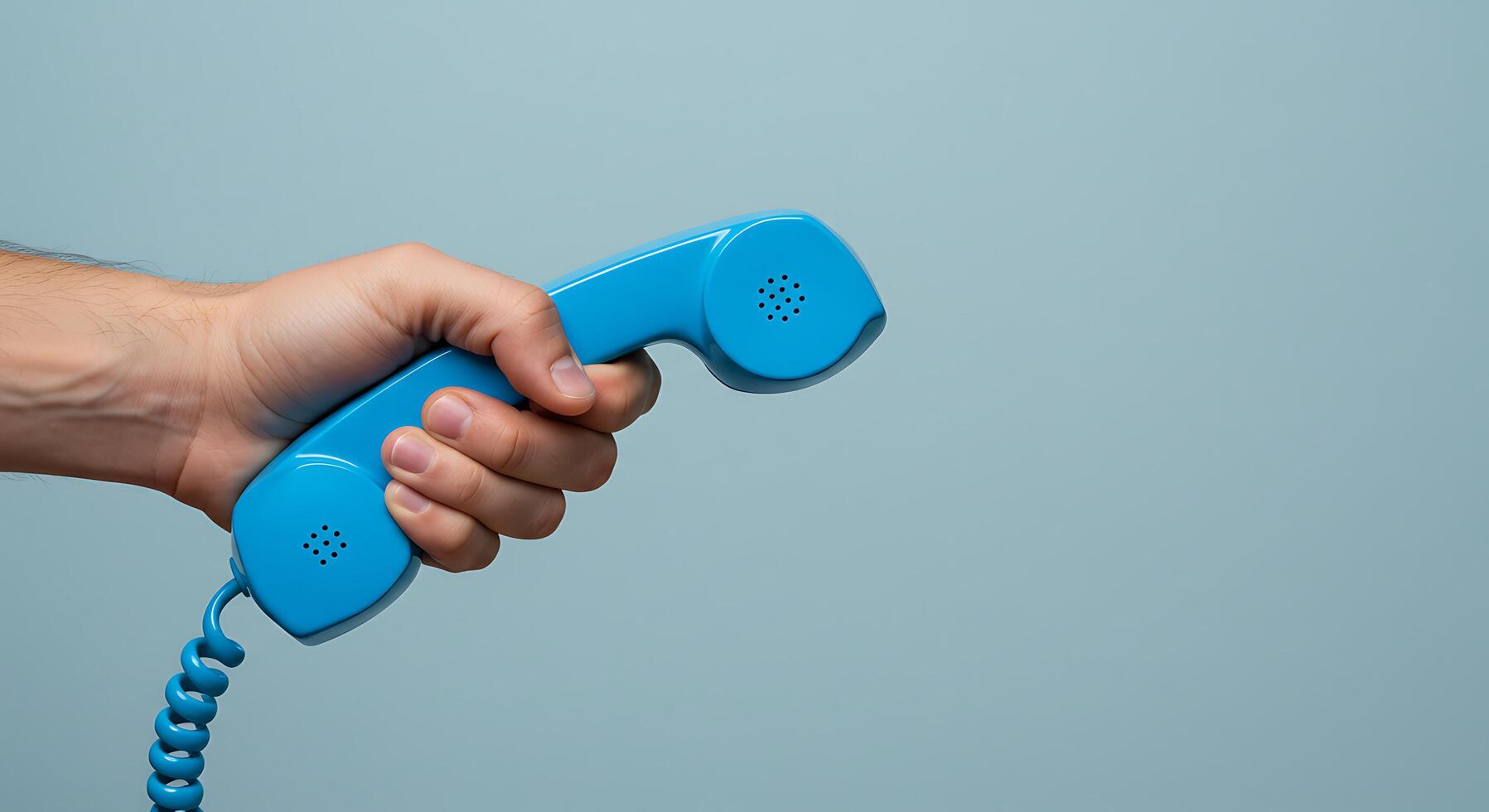 A hand holding a blue telephone on a blue background photo