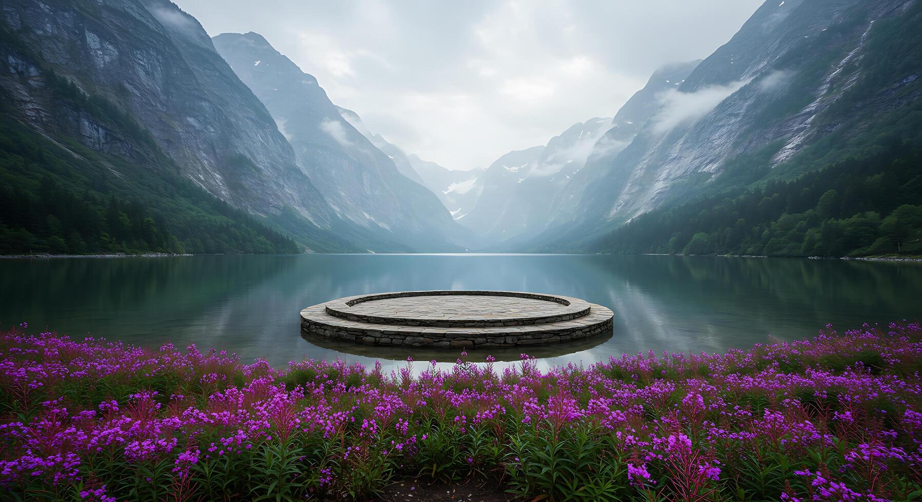 A lake surrounded by mountains and flowers photo