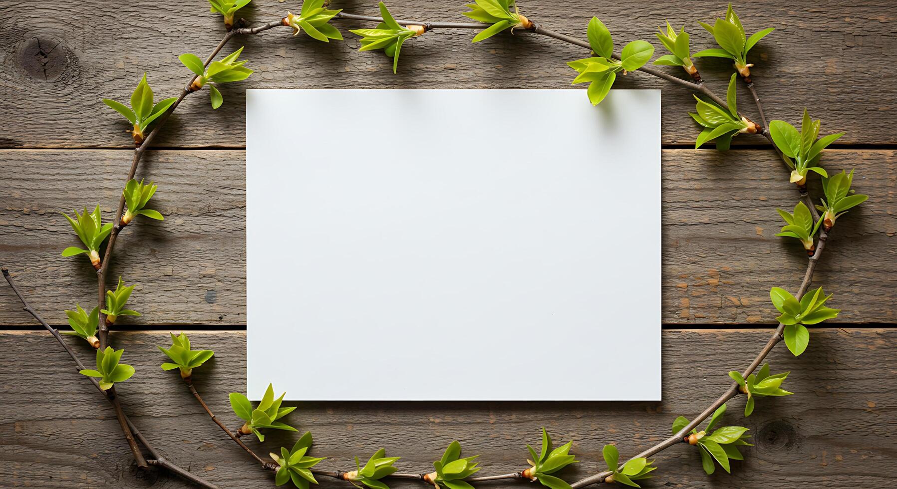 Blank paper on wooden background with green branches photo
