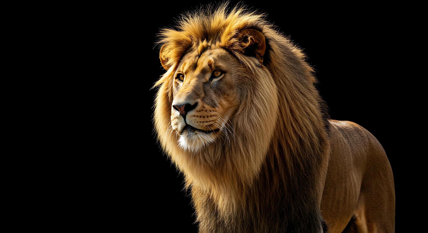 A lion is standing in front of a black background photo
