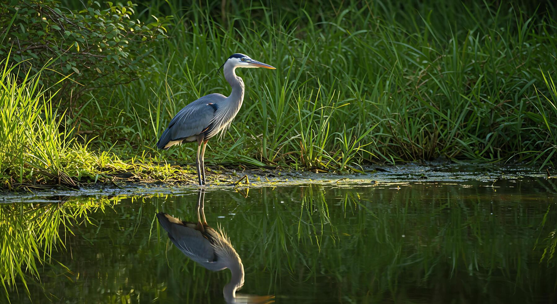 A bird standing on the shore of a pond photo