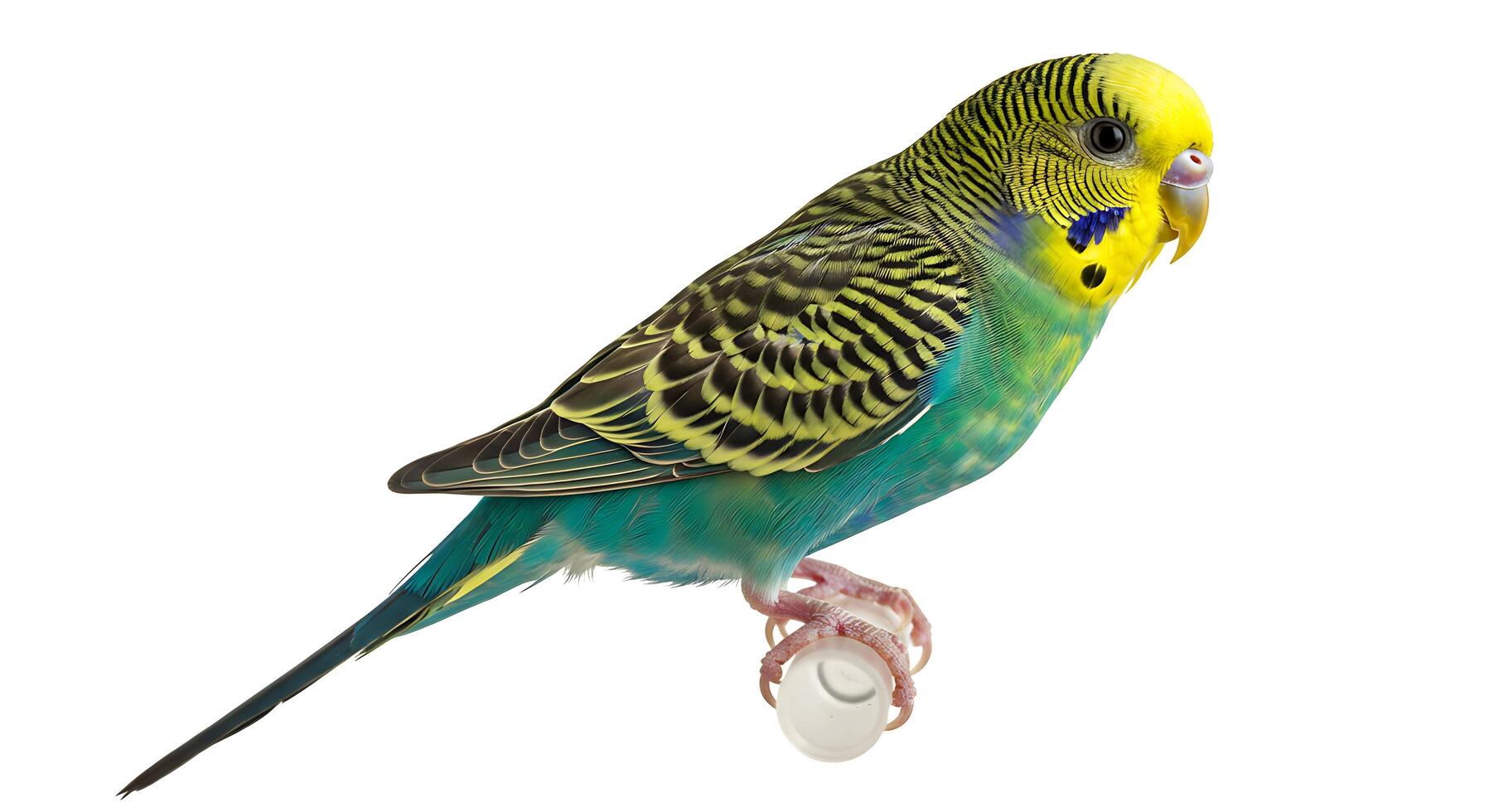 A green and yellow parakeet is standing on a white background photo