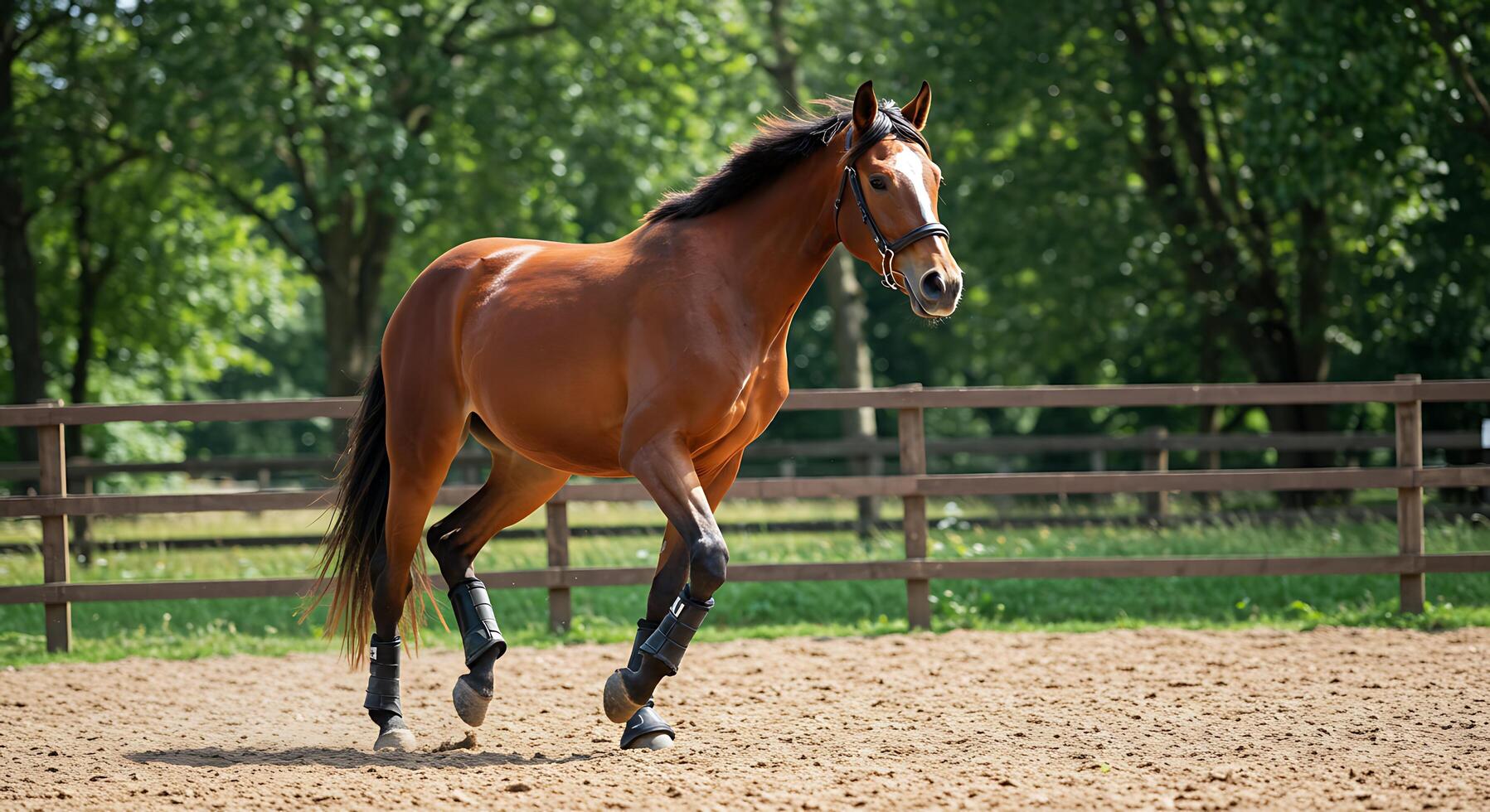 A horse is running in a fenced in area photo