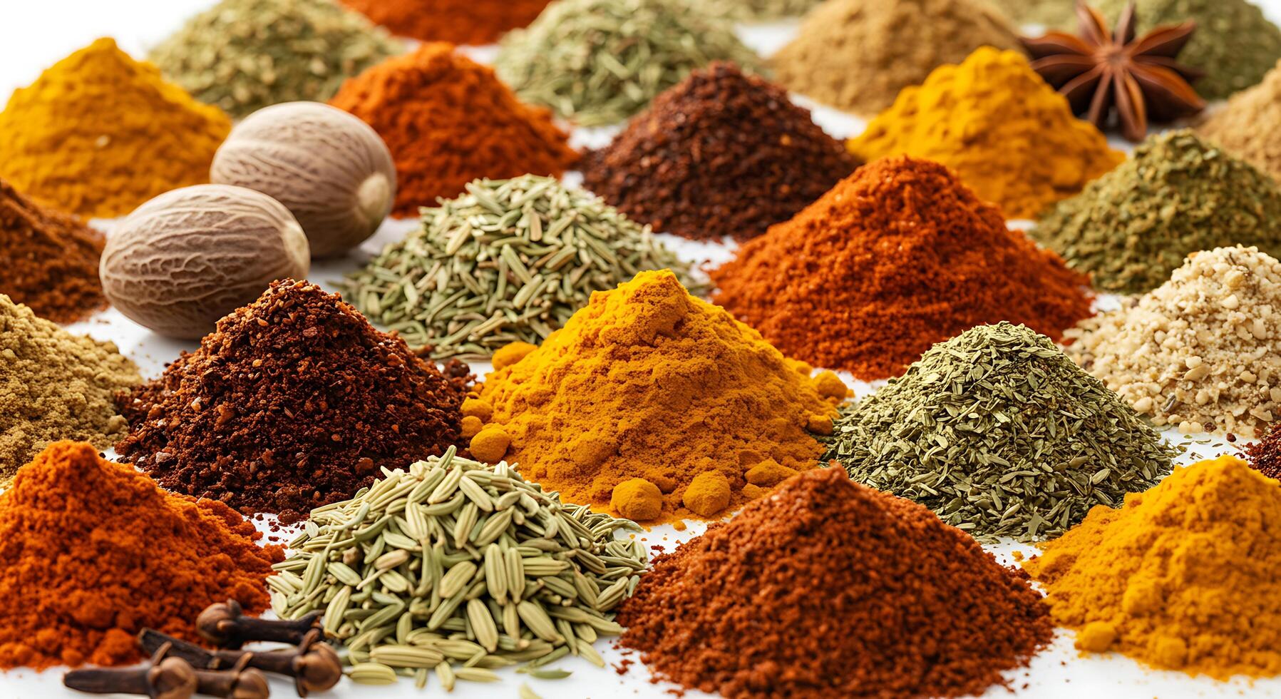 Various spices and herbs are arranged in a circle photo