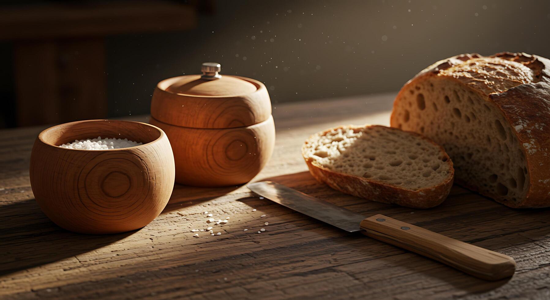 A wooden table with a loaf of bread and salt photo