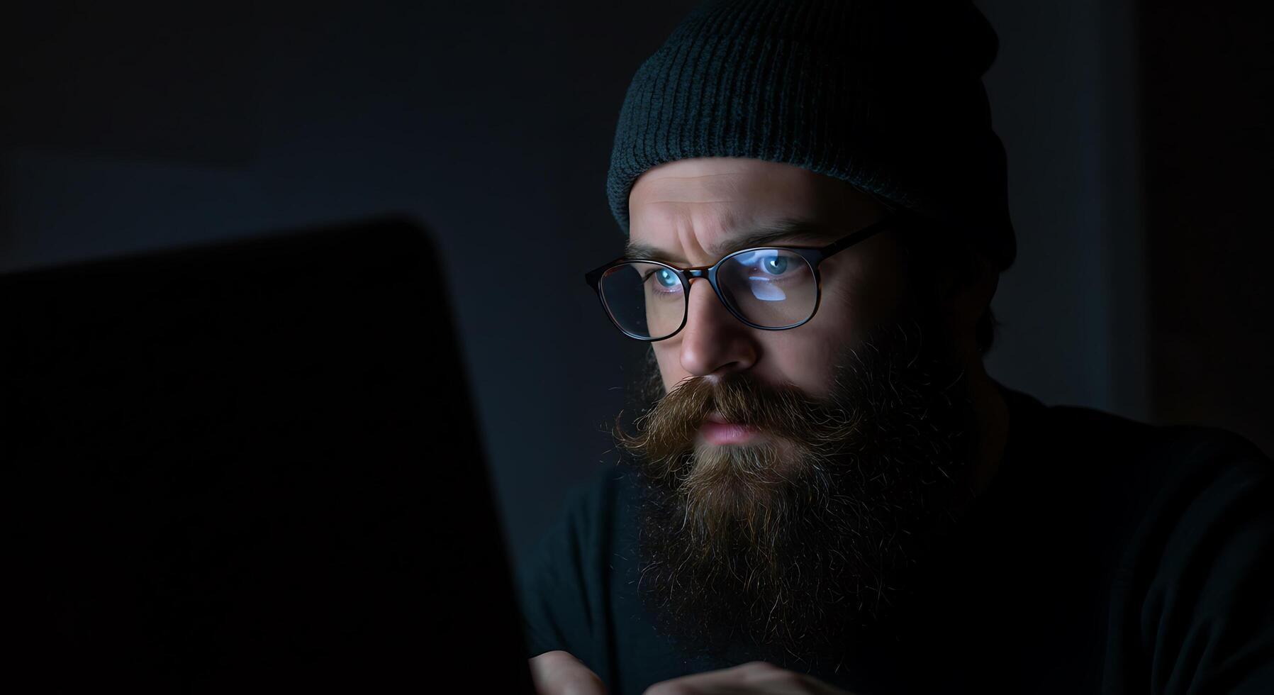 A man with a beard and glasses is looking at a laptop photo