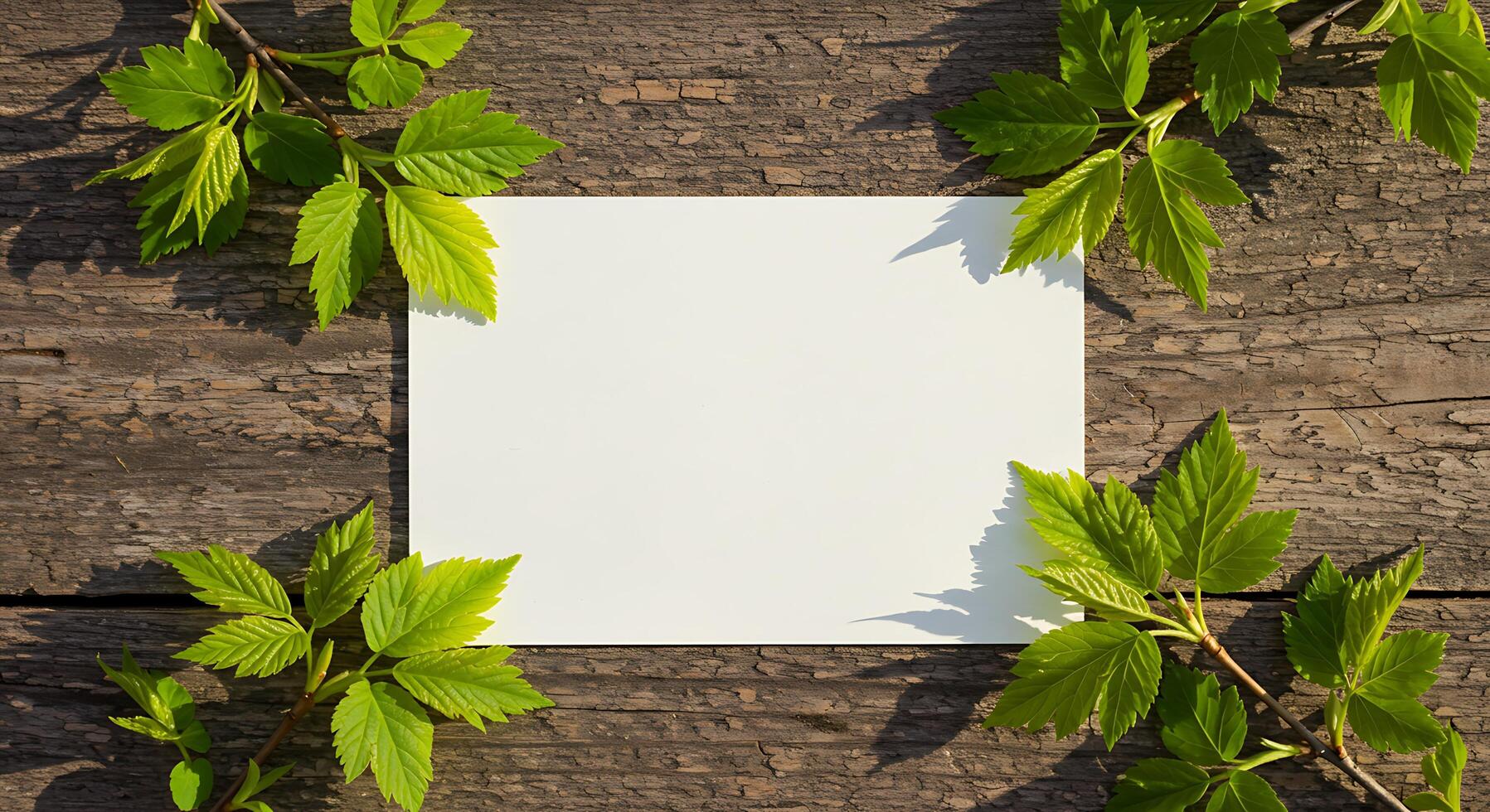 A blank piece of paper surrounded by green leaves photo