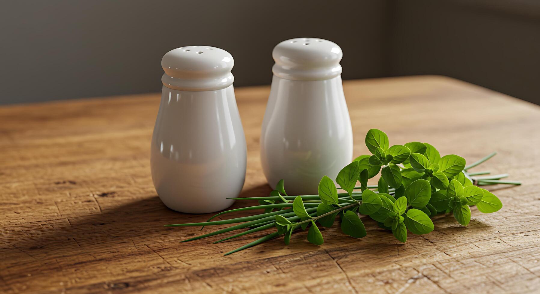 A table with two salt and pepper shakers and a bunch of herbs photo