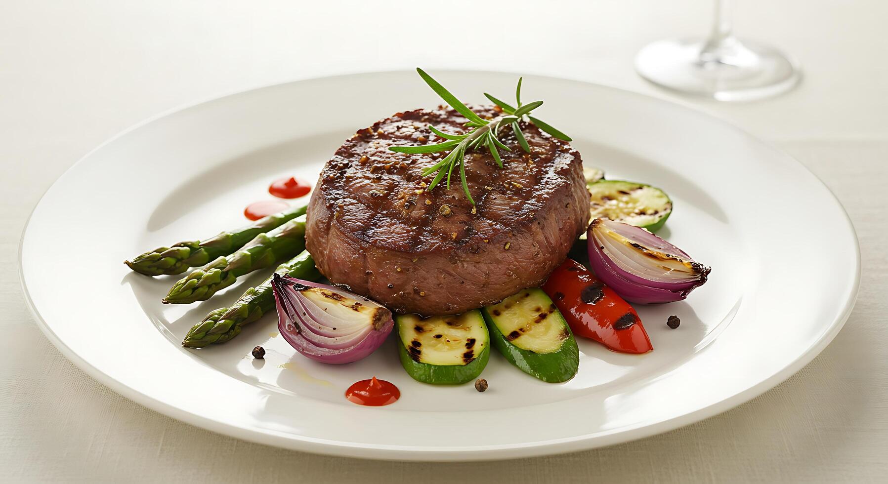 A steak on a plate with vegetables and a glass of wine photo