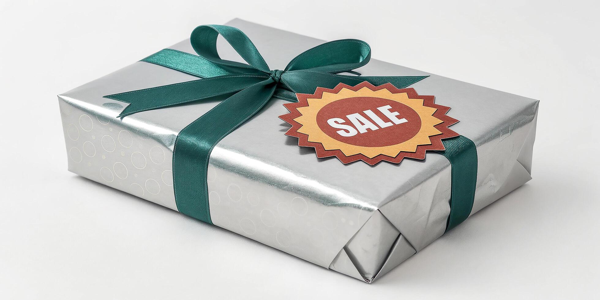 A silver gift box with a green ribbon and a sale sticker photo