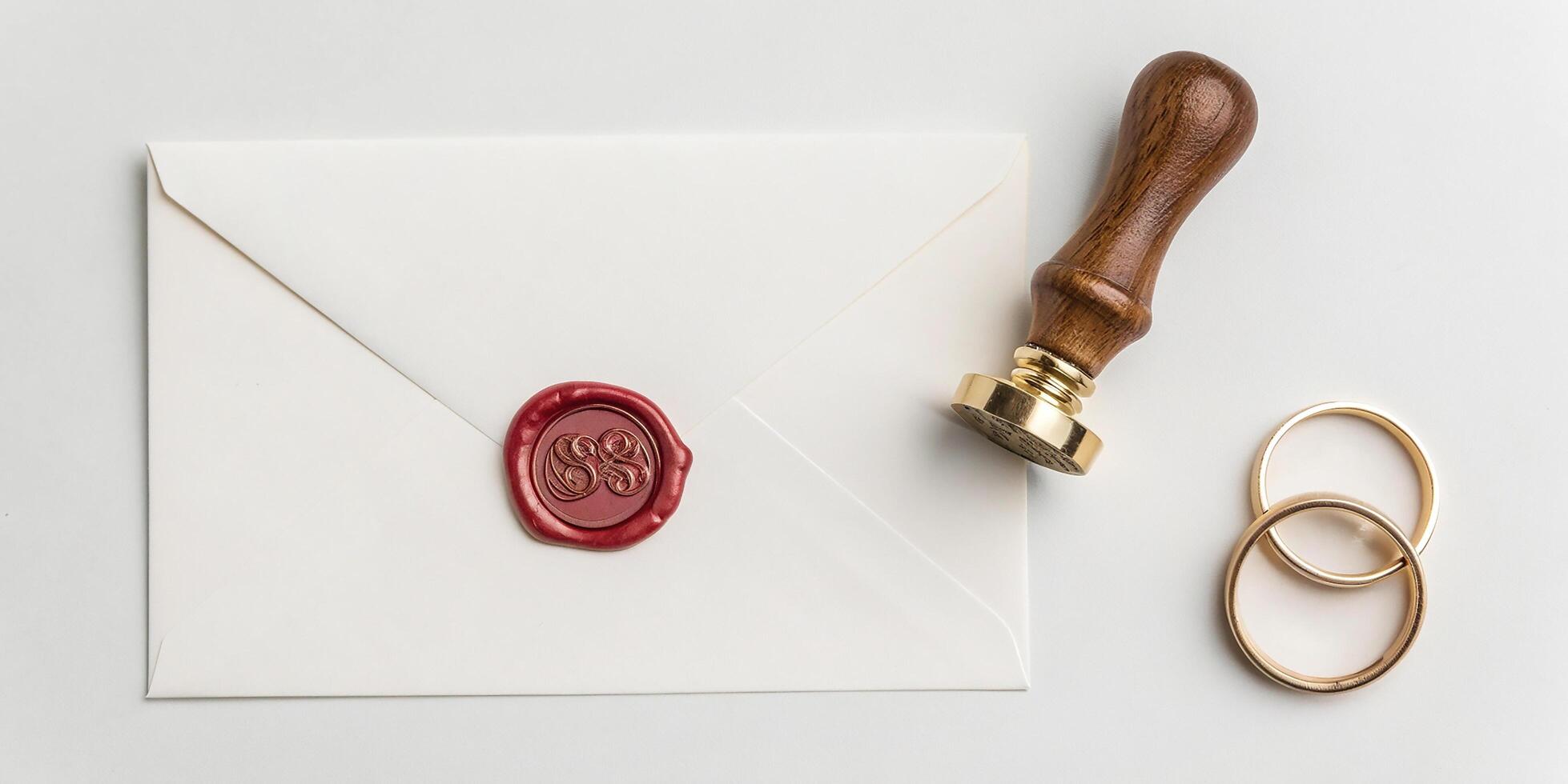 Wax seal on envelope with wedding rings photo