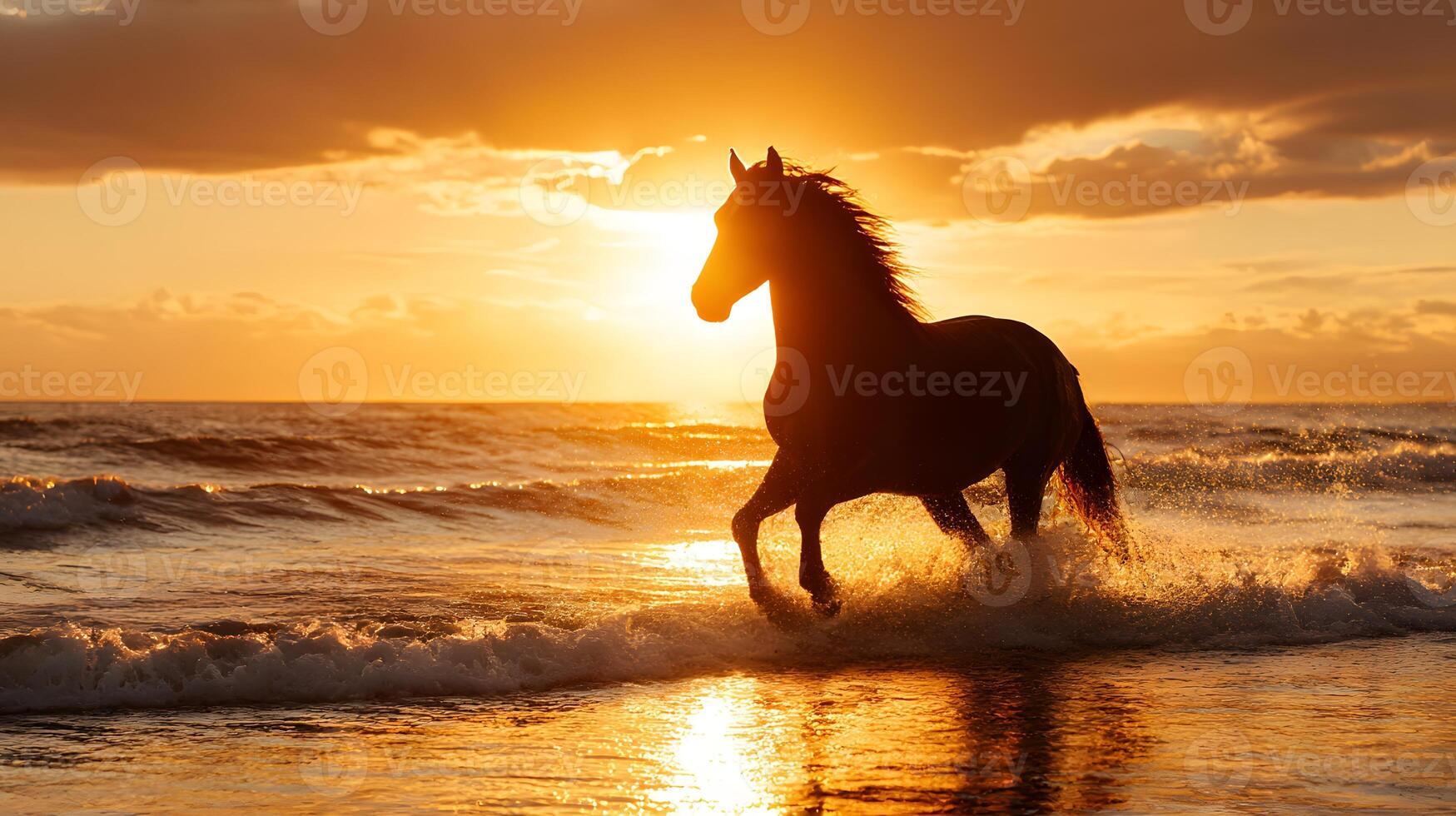A horse running on the beach at sunset photo
