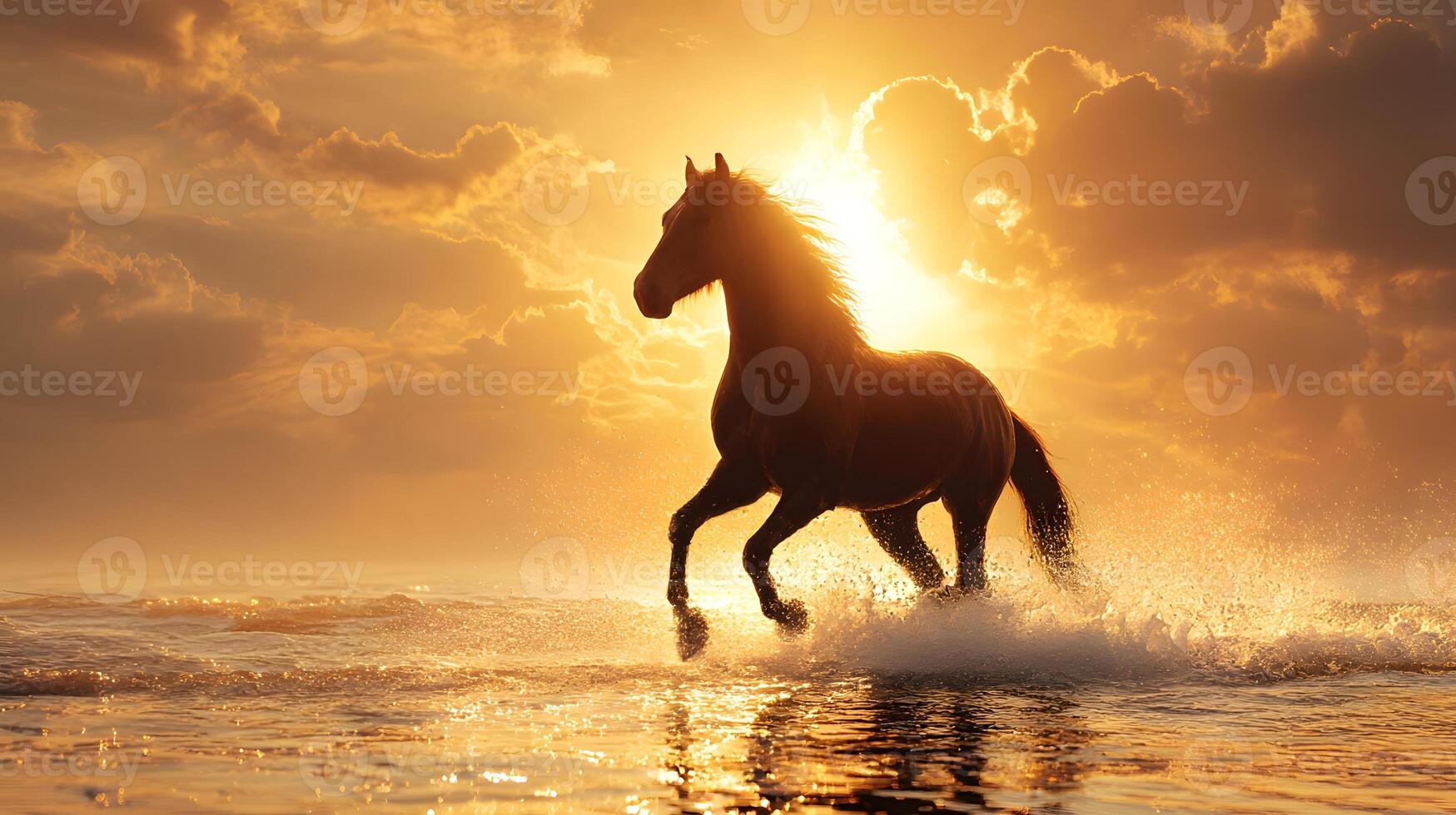 A horse running in the ocean at sunset photo