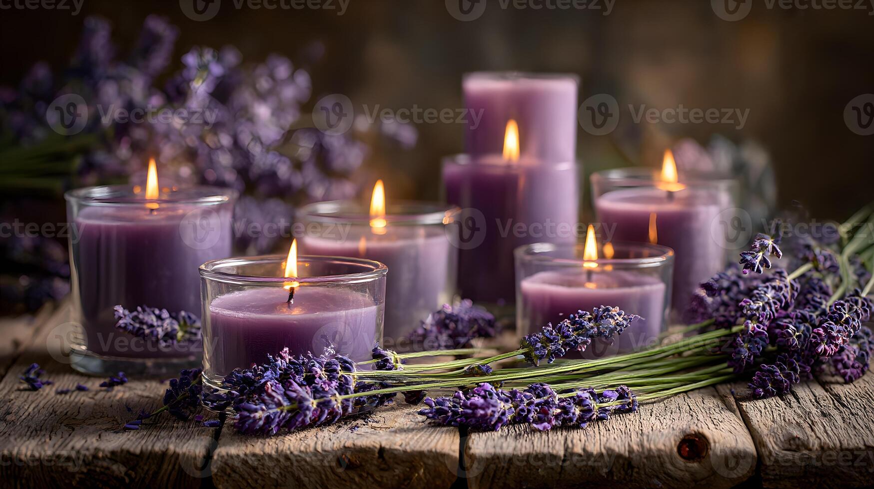 Lavender candles with fresh flowers photo