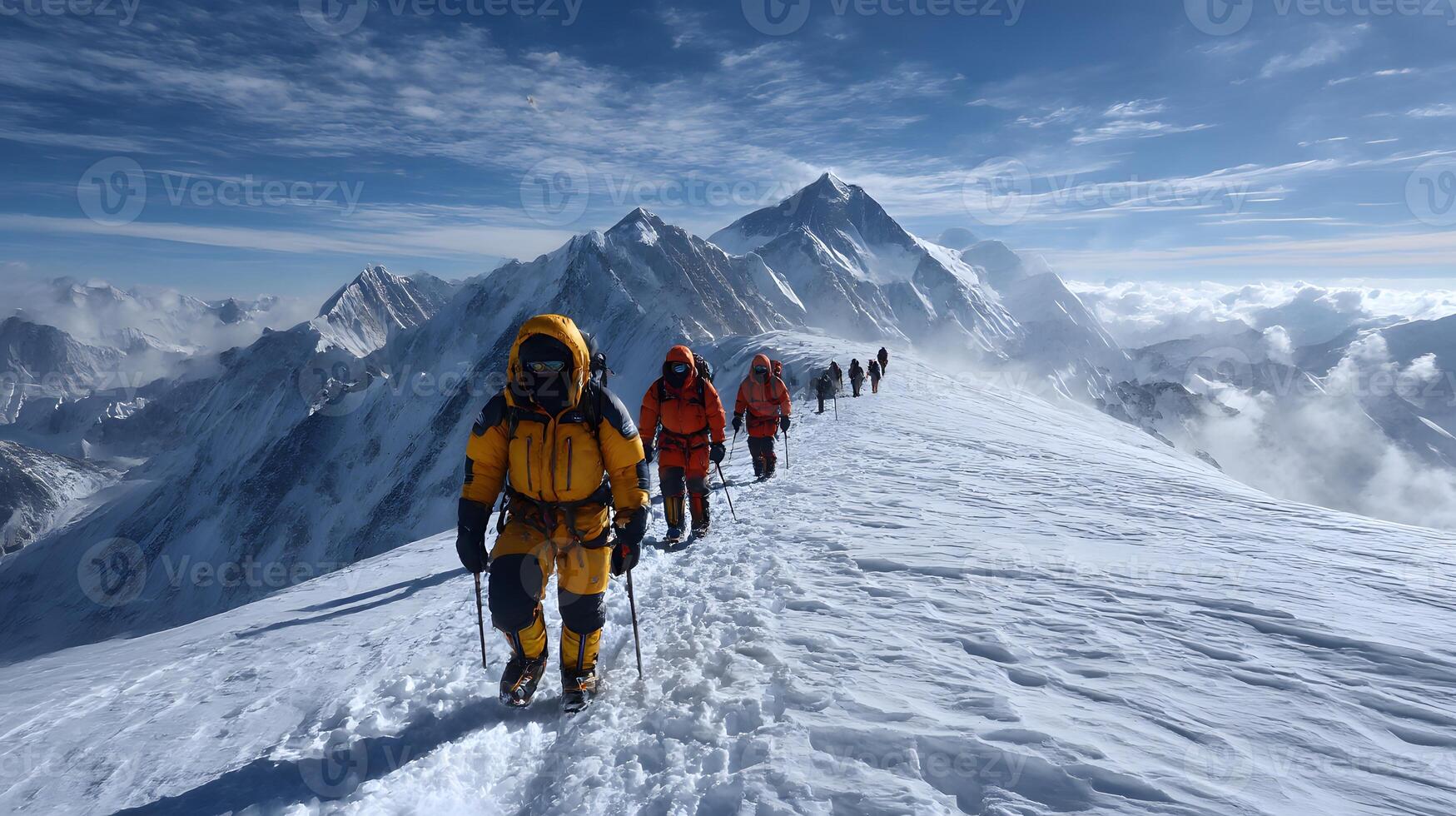 Climbers walking on snowy mountain peak photo