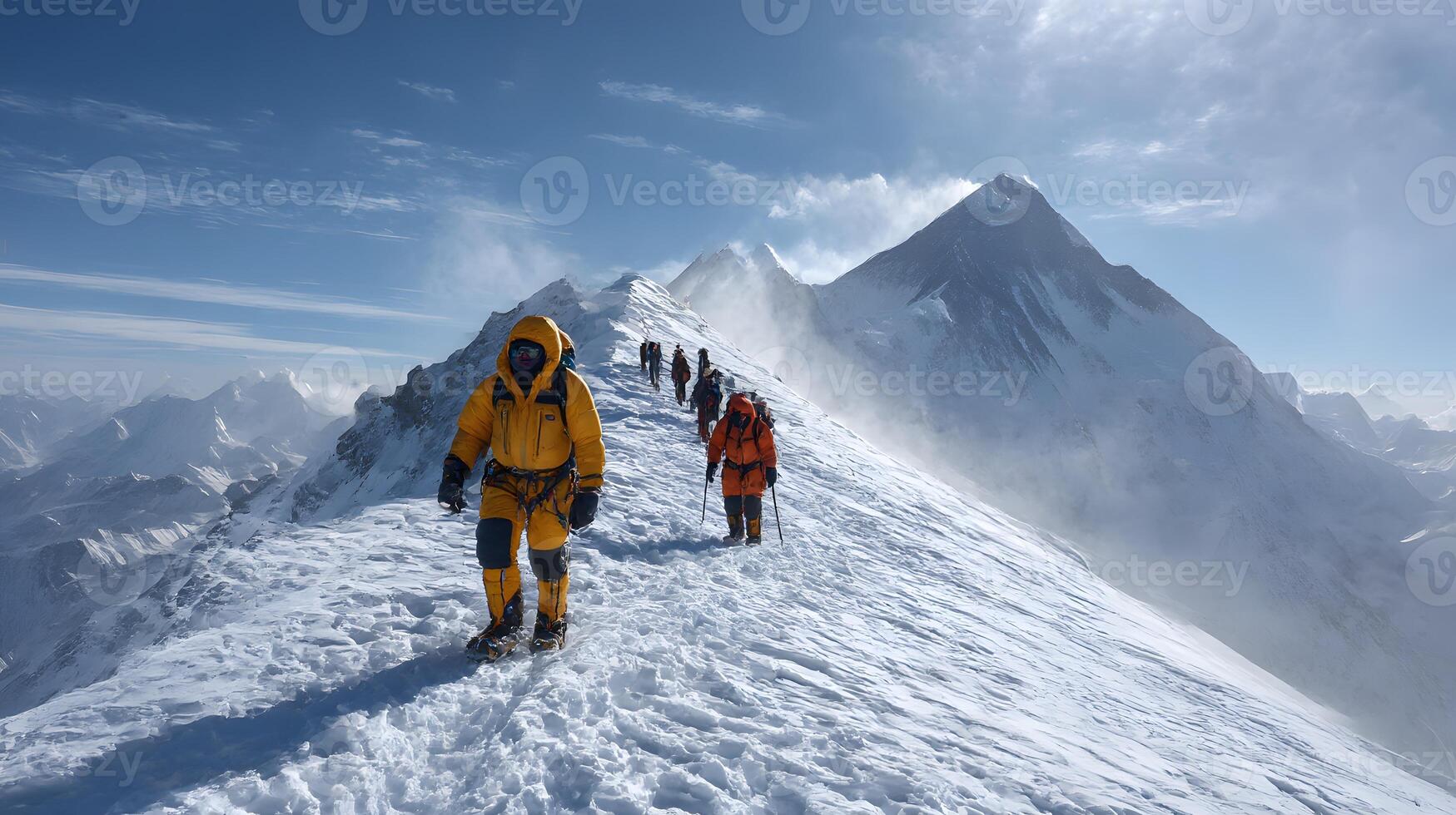 Climbers on snowy mountain peak photo