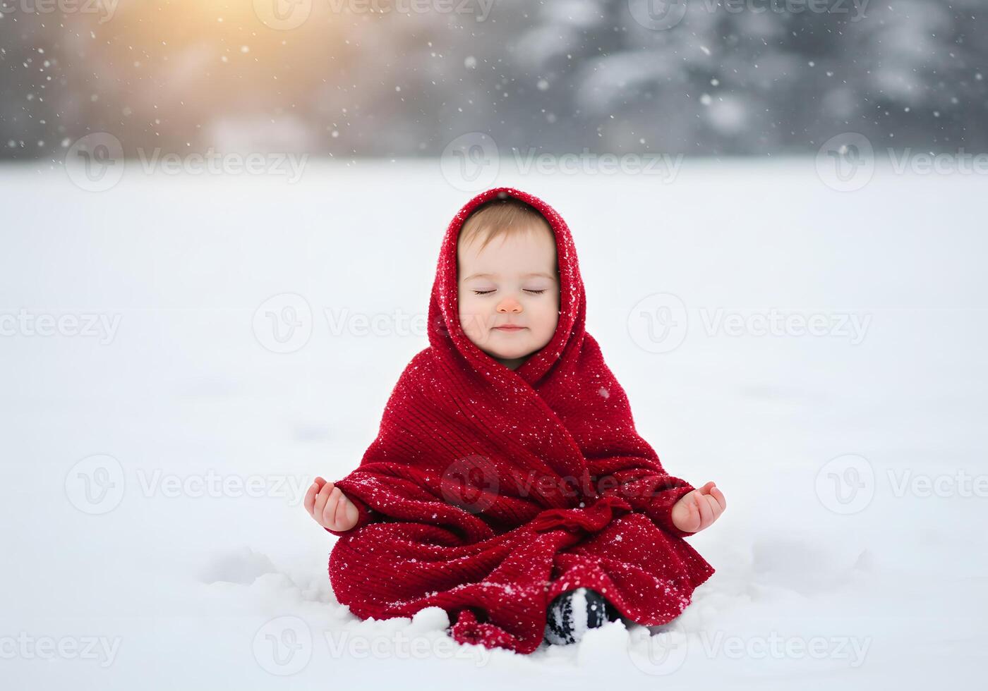 A little boy in a red blanket sitting in the snow photo
