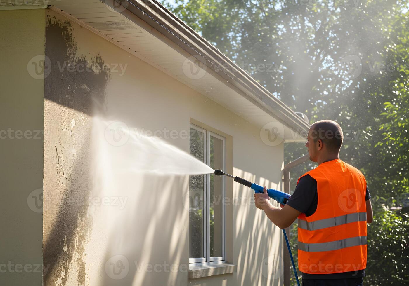 A man in an orange vest is spraying a wall photo